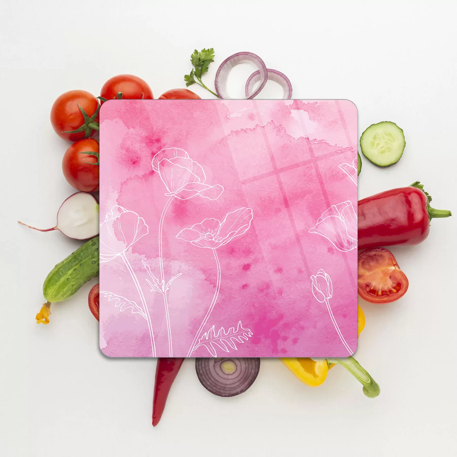 Picture of Decovetro Cam Kesme Tahtası ve Sunumluk Kare Pembe Çiçek Desenli 30x30 Cm