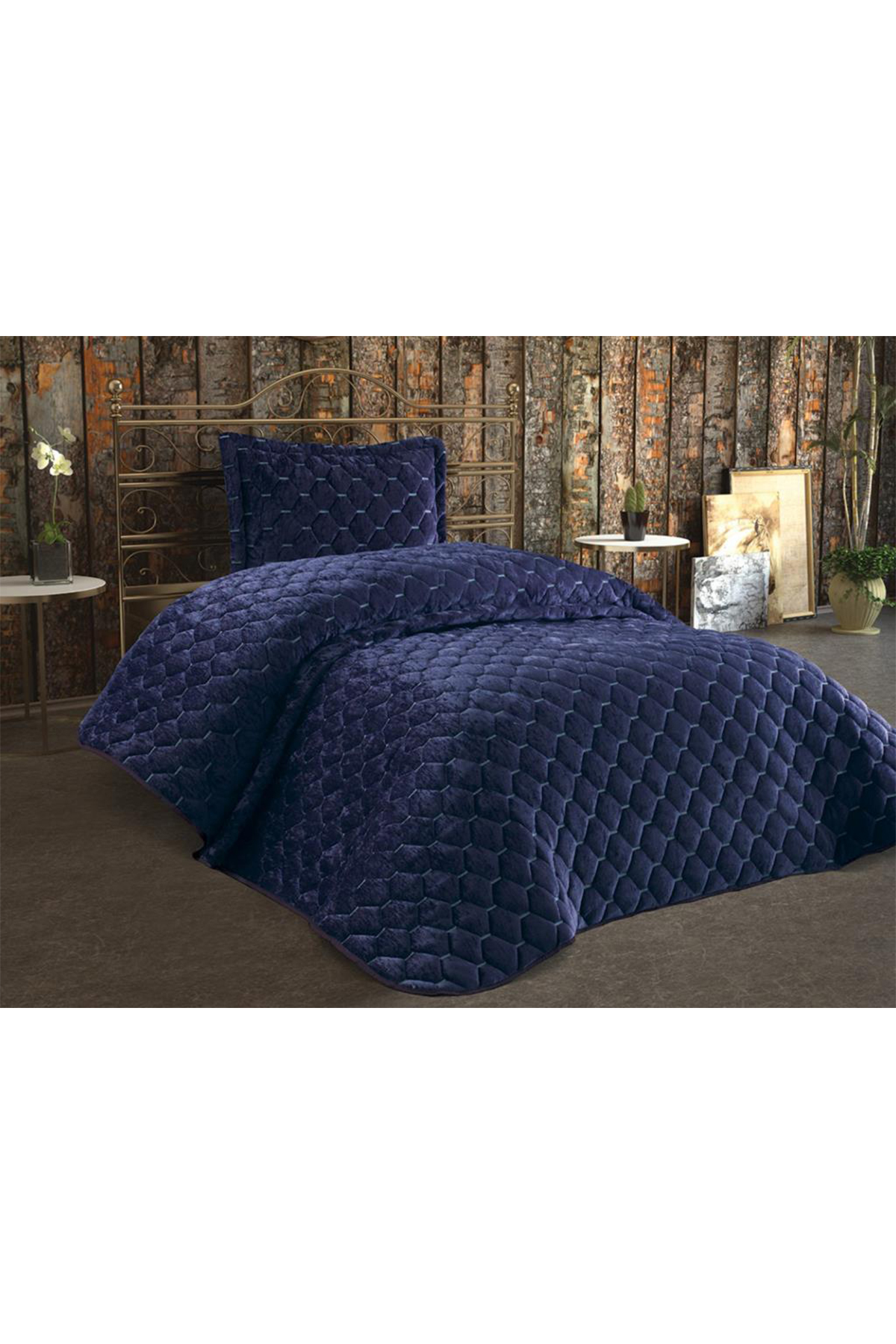 Picture of Lima Kadife Dolgulu Tek Kişilik Yatak Örtüsü Lacivert