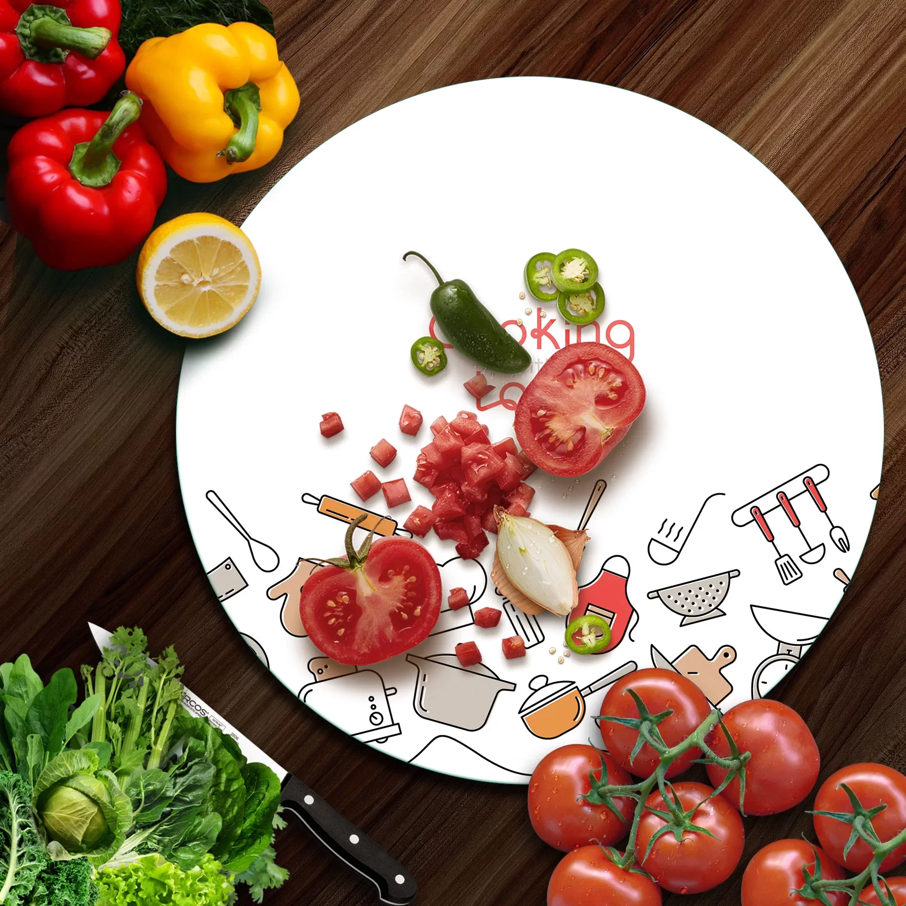 Picture of Decovetro Cam Kesme Tahtası ve Sunumluk Yuvarlak Cooking Love Desenli 30x30 Cm