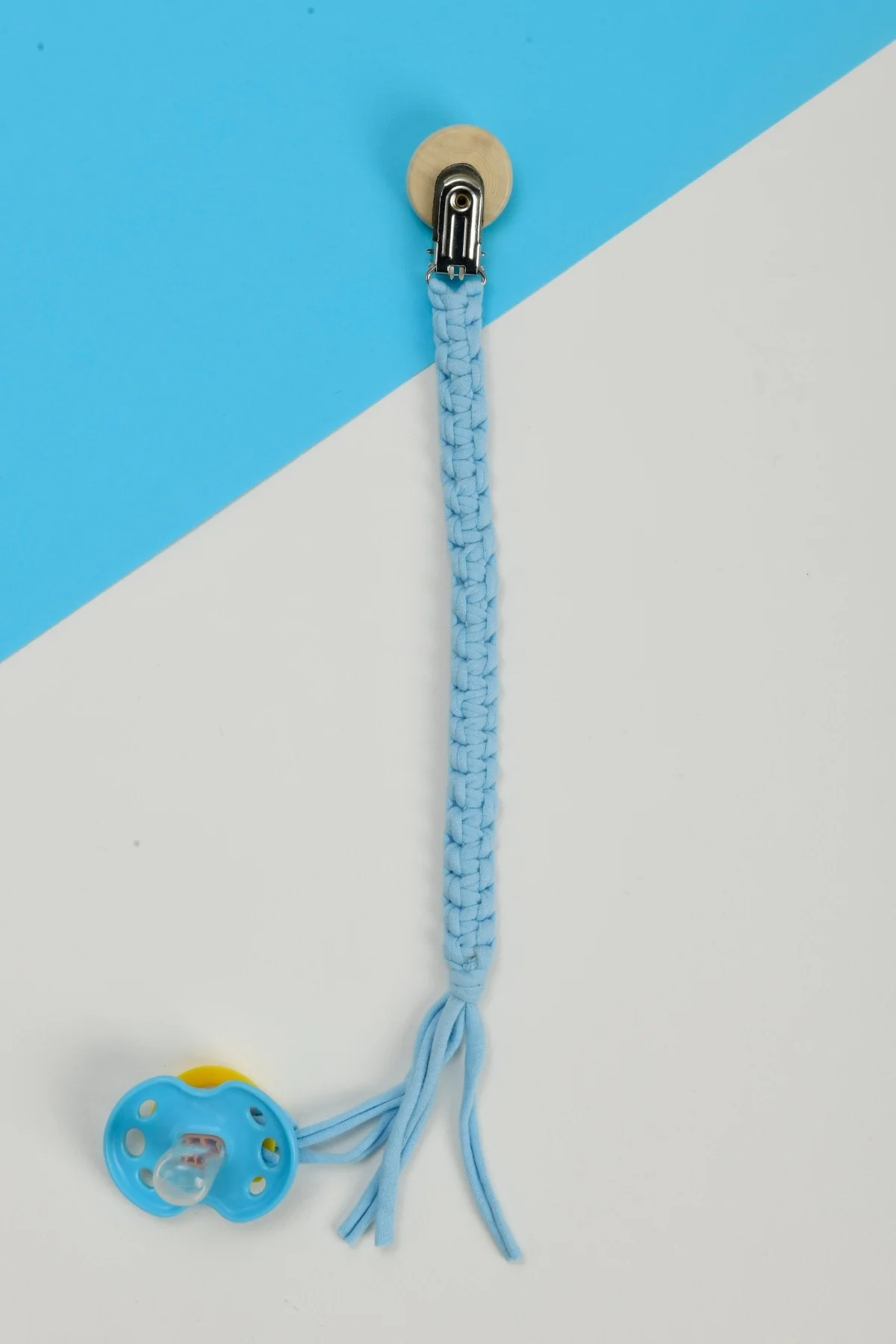 Picture of El Örmesi Doğal Ahşap Emzik Askısı - Kaplumbağa - Mavi