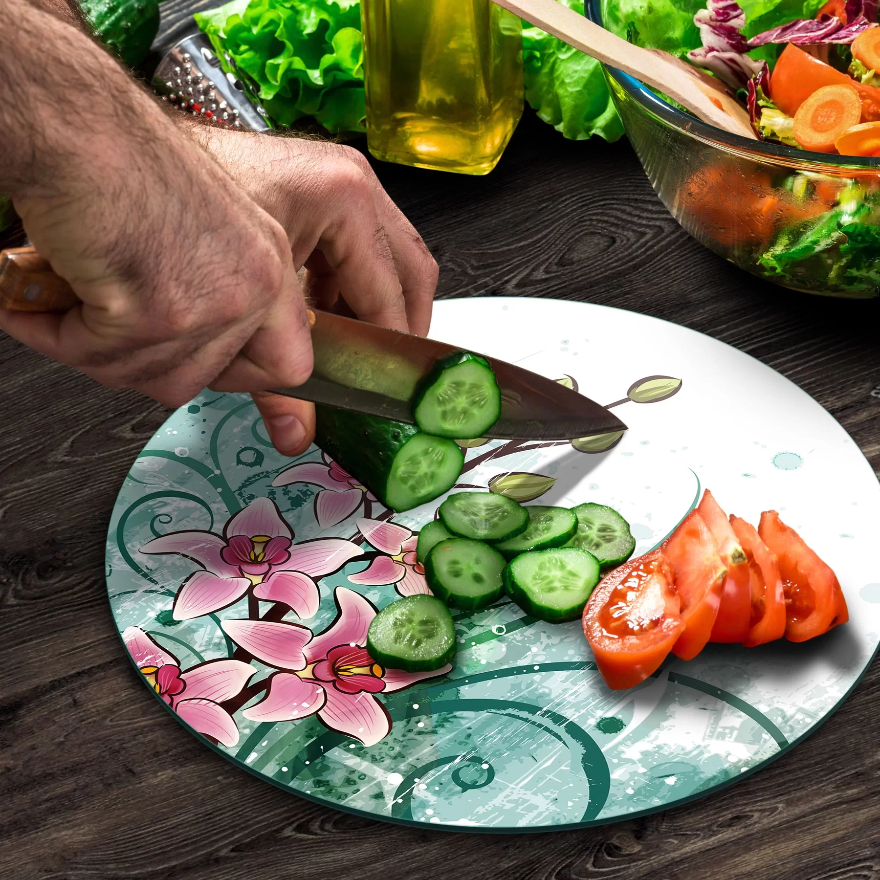 Picture of Decovetro Cam Kesme Tahtası ve Sunumluk Yuvarlak Sarmaşık Çiçek Desenli 30x30 Cm