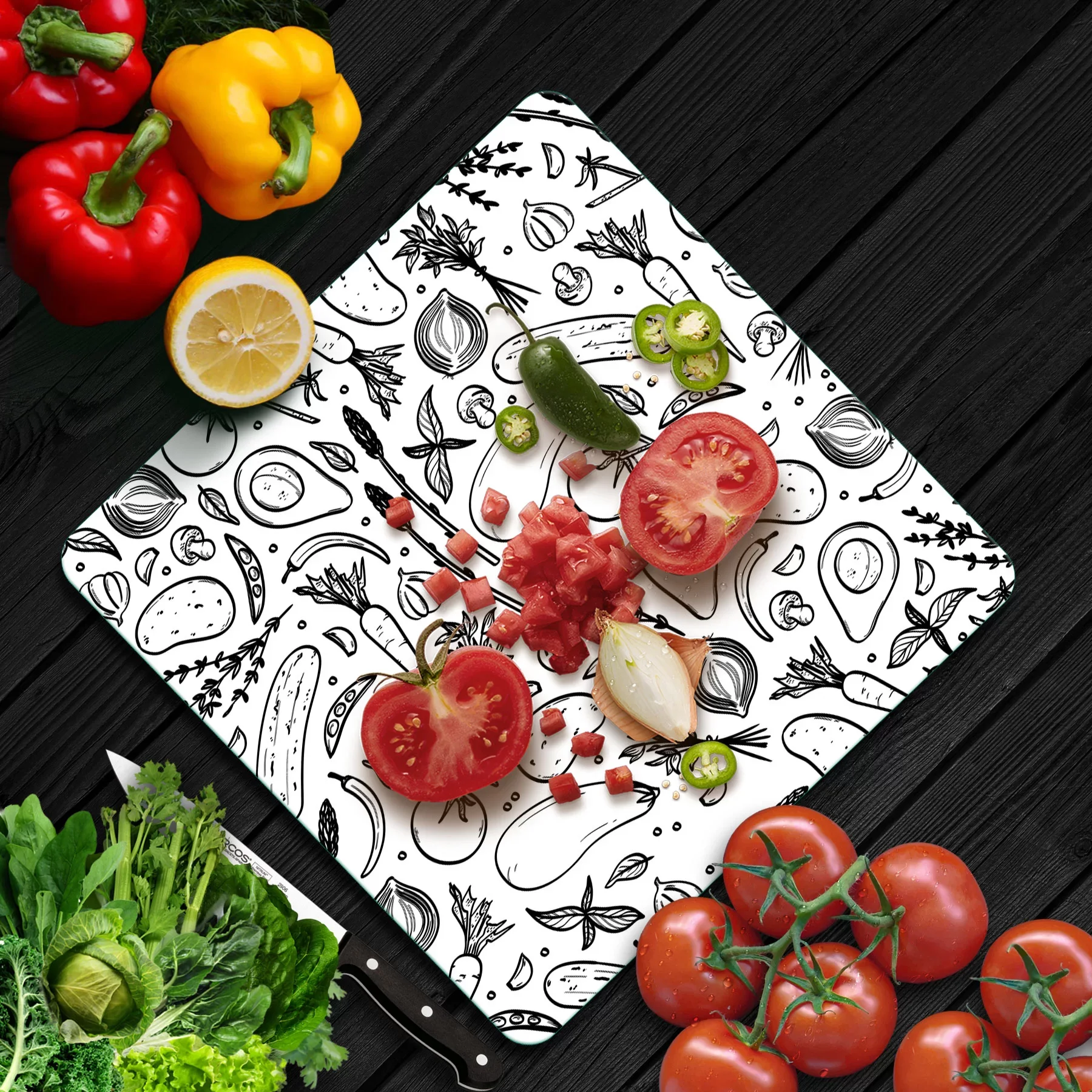 Picture of Decovetro Cam Kesme Tahtası ve Sunumluk Kare Siyah Beyaz Sebze Desenli 30x30 Cm