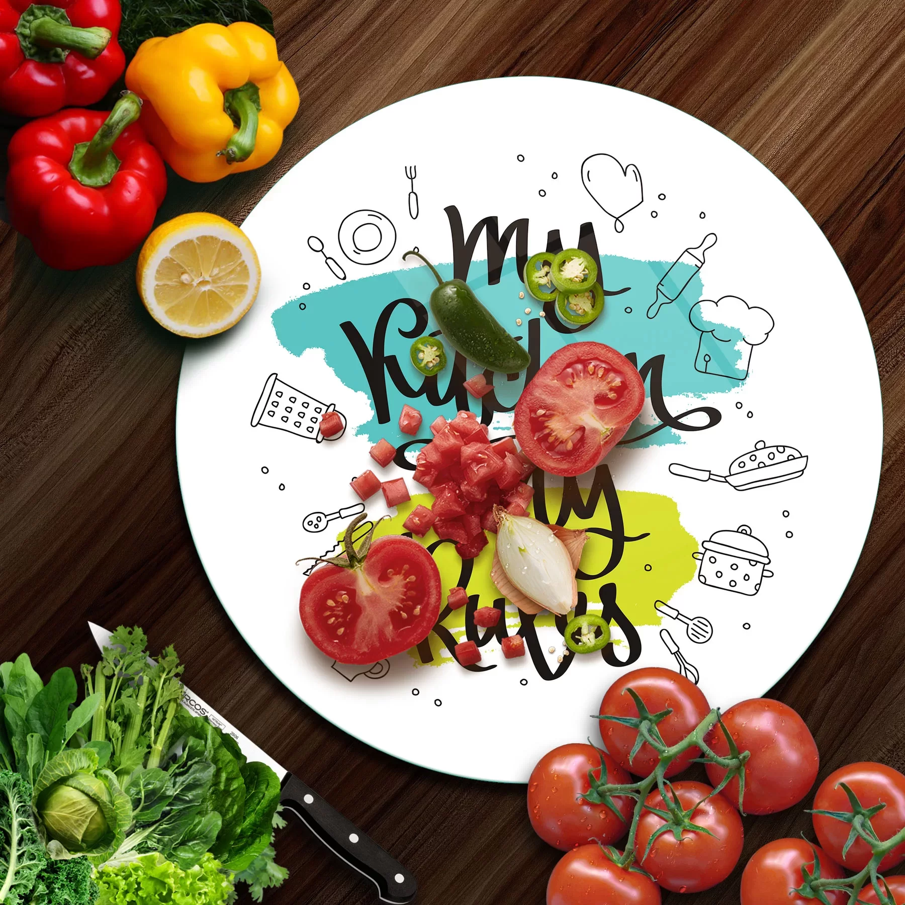 Picture of Decovetro Cam Kesme Tahtası ve Sunumluk Yuvarlak My Kitchen My Rules Desenli 30x30 Cm