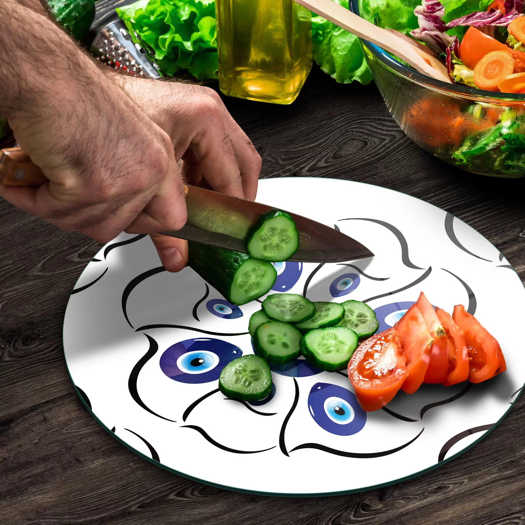 Picture of Decovetro Cam Kesme Tahtası ve Sunumluk Yuvarlak Nazar Çiçekleri Desenli 30x30 Cm