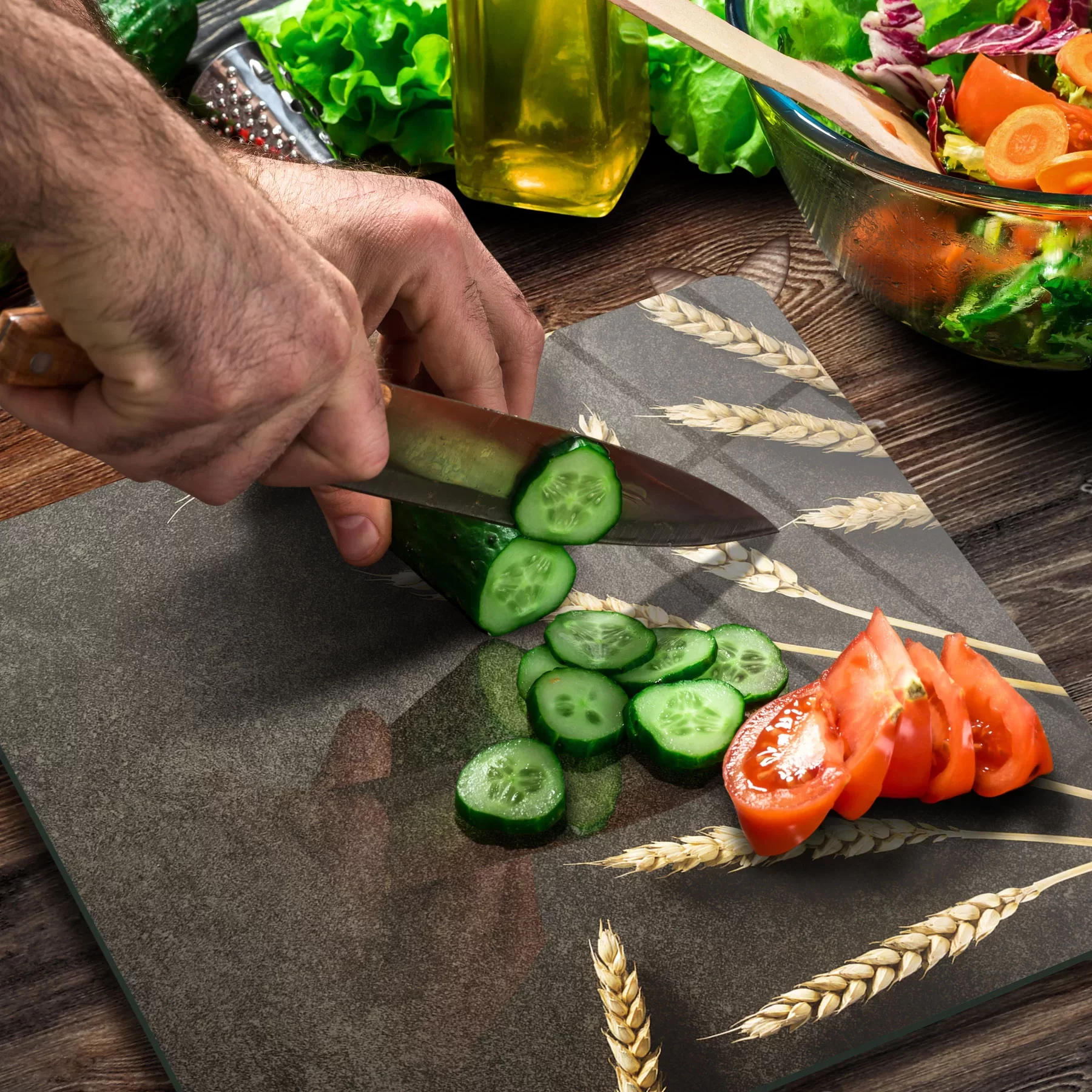 Picture of Decovetro Cam Kesme Tahtası ve Sunumluk Kare Buğday Filizi Desenli 30x30 Cm