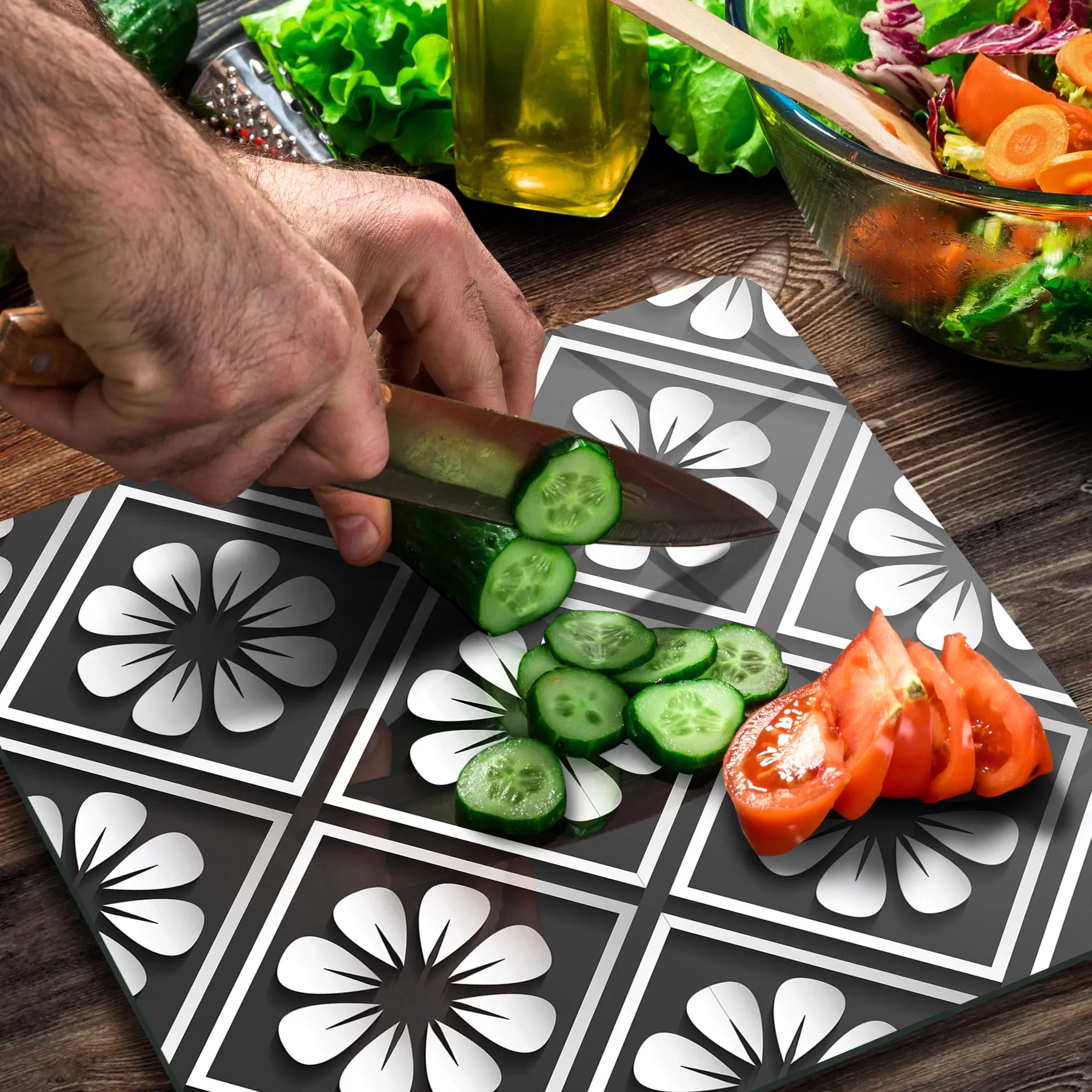 Picture of Decovetro Cam Kesme Tahtası ve Sunumluk Kare Çini Çiçek Desenli 30x30 Cm