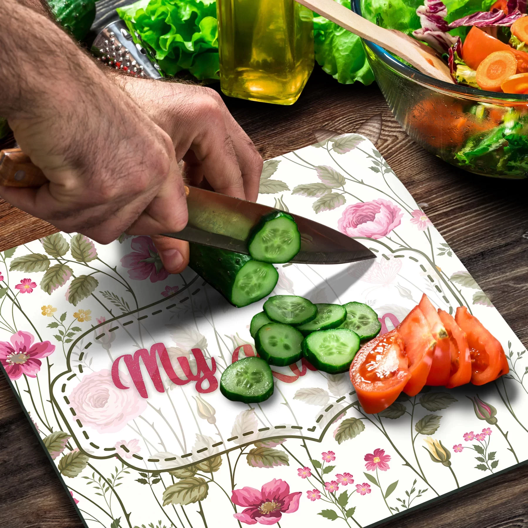 Picture of Decovetro Cam Kesme Tahtası ve Sunumluk Kare My Kitchen Çicek Desenli 30x30 Cm