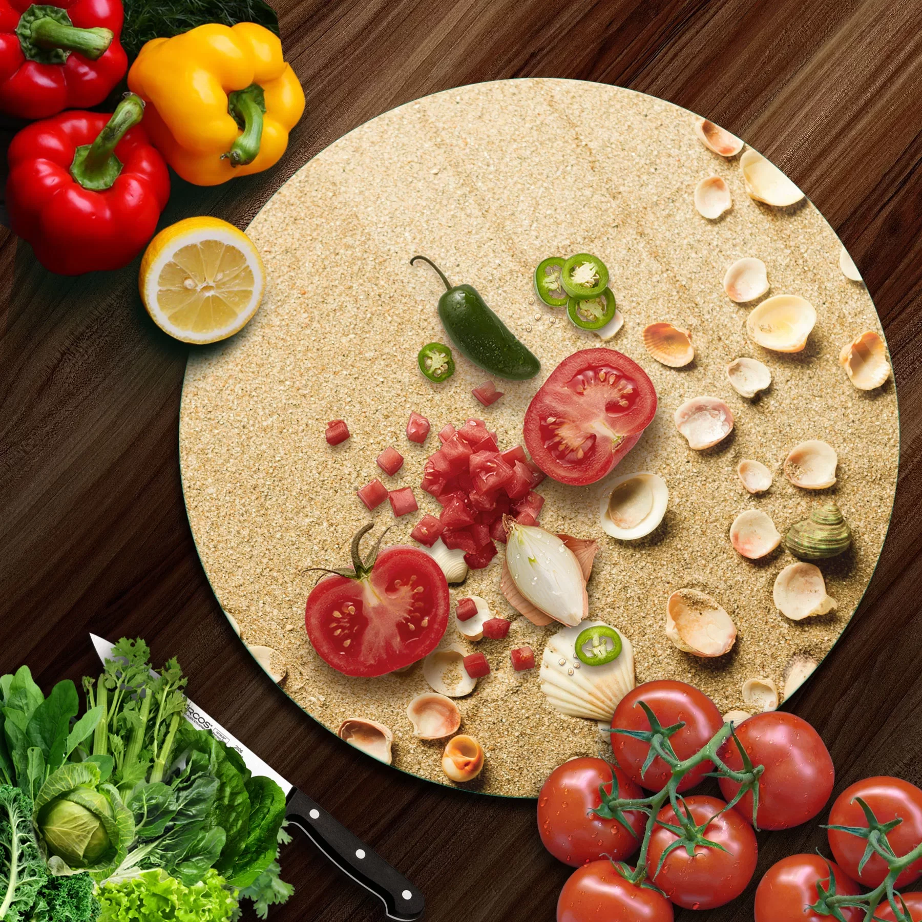 Picture of Decovetro Cam Kesme Tahtası ve Sunumluk Yuvarlak Deniz Kabuğu Desenli 30x30 Cm