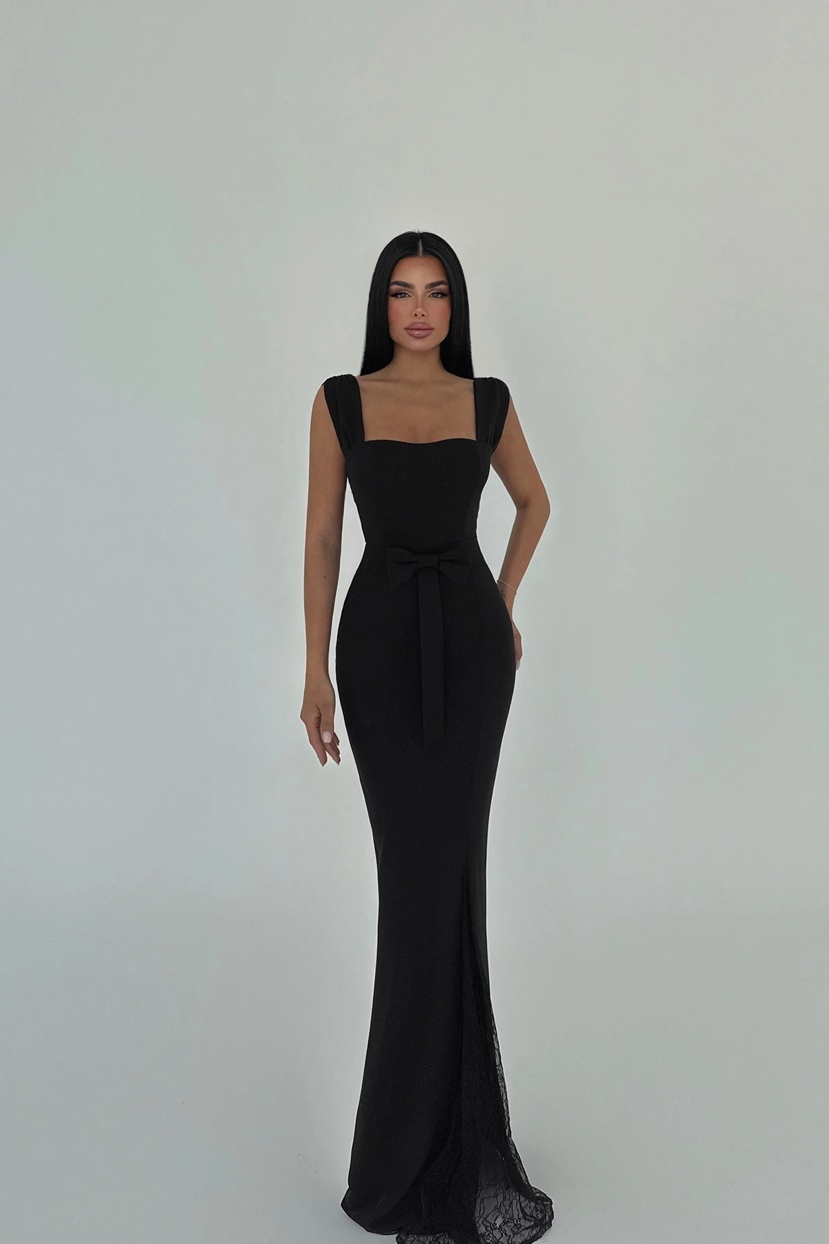 Picture of Black Remmy Slit Lace Detail Long Dress