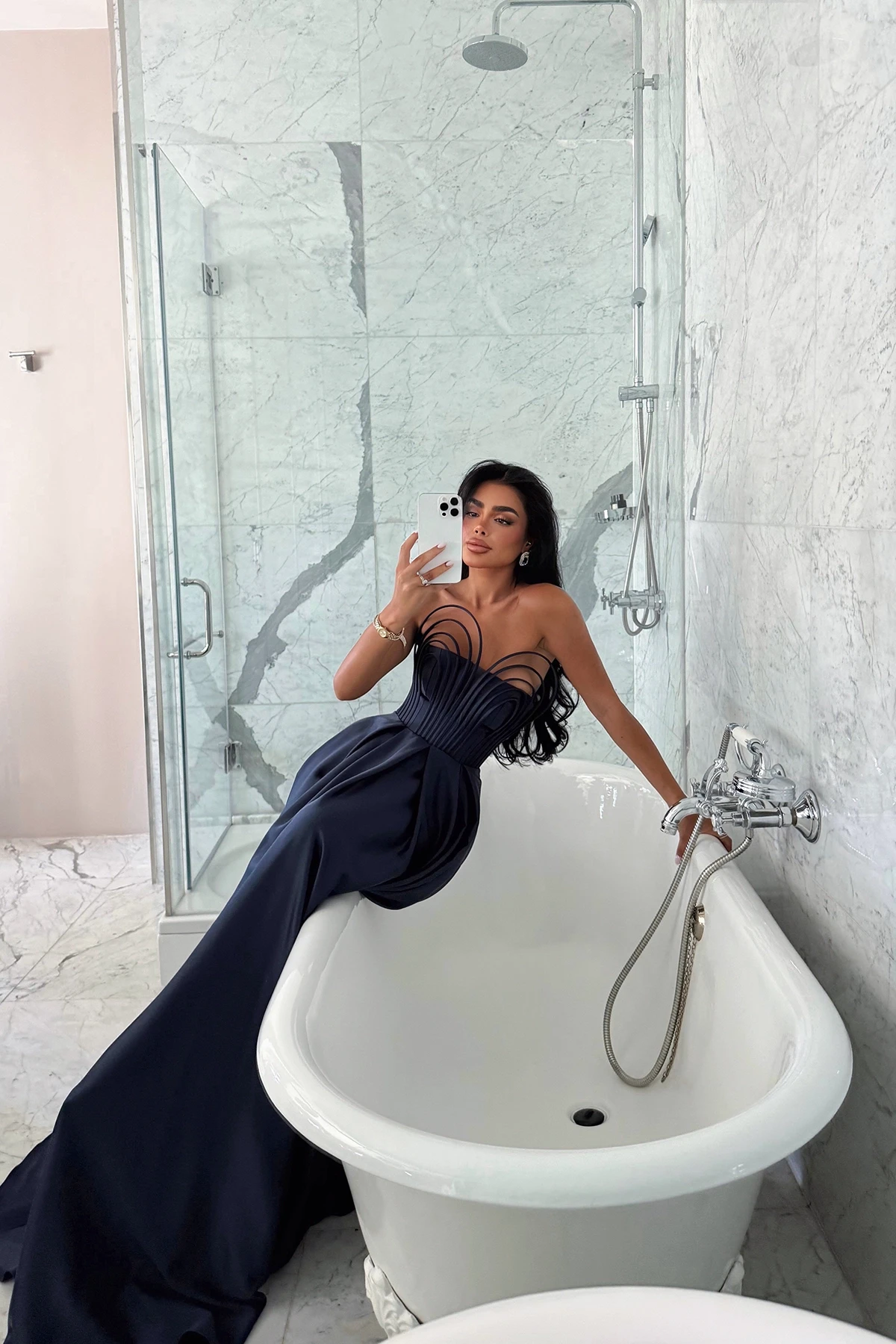 Picture of Navy Blue Strapless Long Evening Dress