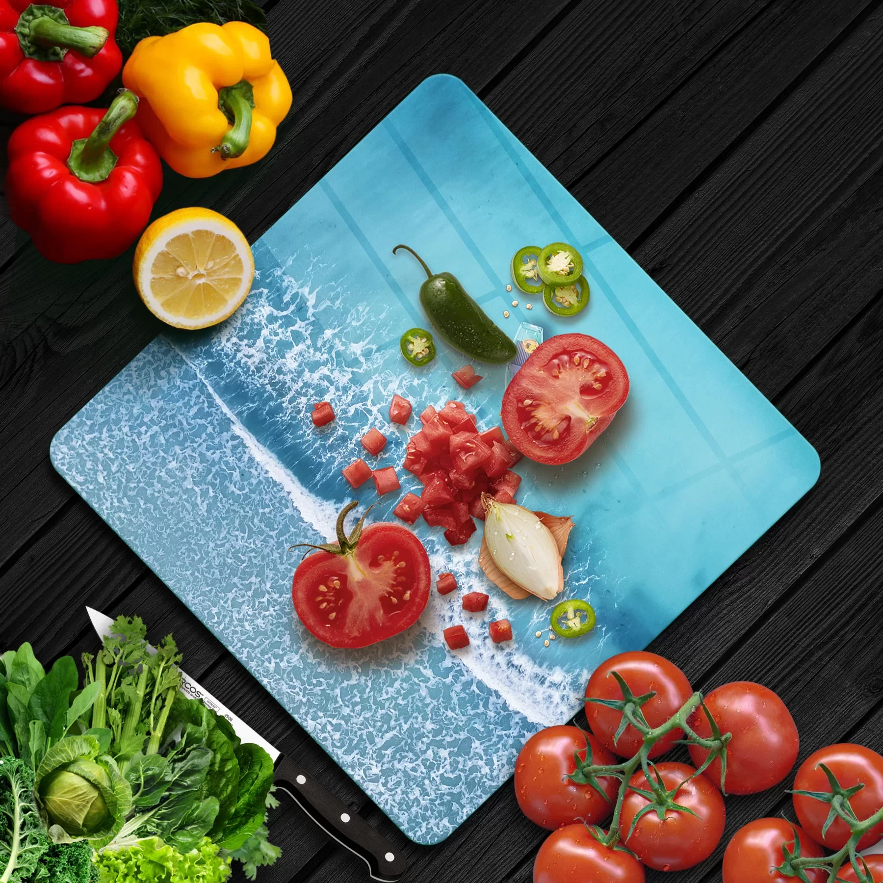 Picture of Decovetro Cam Kesme Tahtası ve Sunumluk Kare Turkuaz Deniz Desenli 30x30 Cm