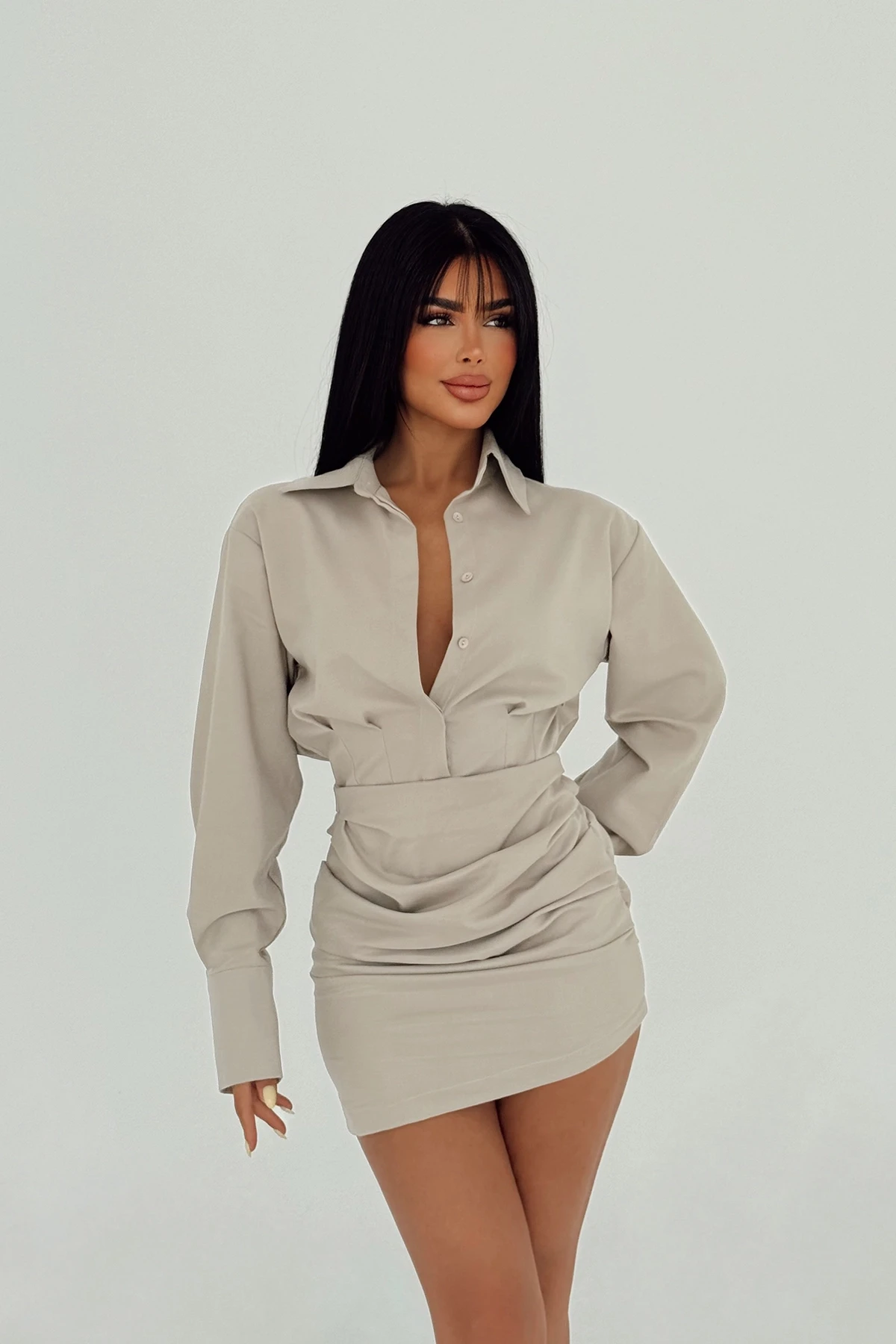 Picture of Cream Shirt Collar Mini Dress