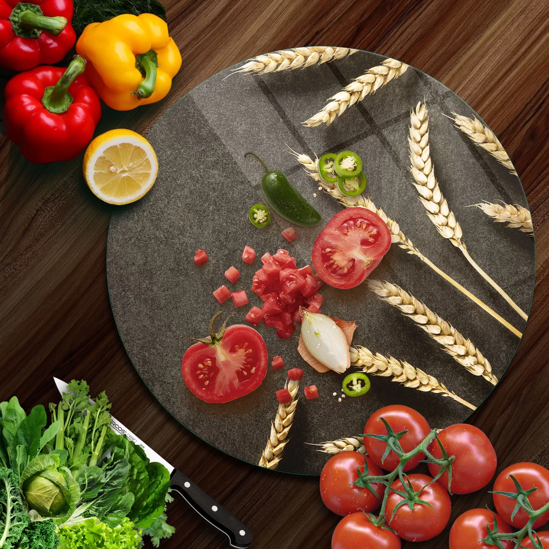 Picture of Decovetro Cam Kesme Tahtası ve Sunumluk Yuvarlak Burçak Desenli 30x30 Cm