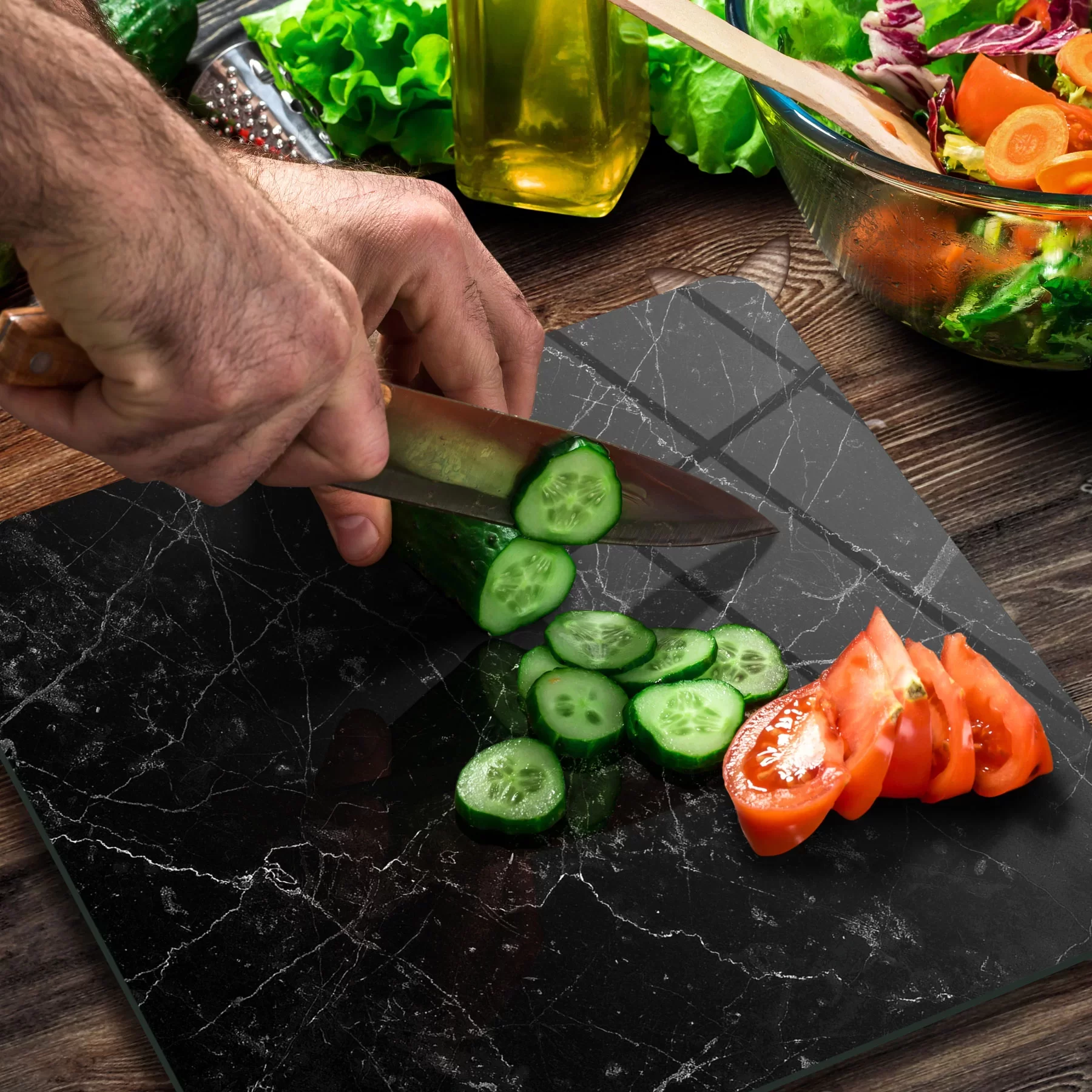 Picture of Decovetro Cam Kesme Tahtası ve Sunumluk Kare Siyah Granit Desenli 30x30 Cm