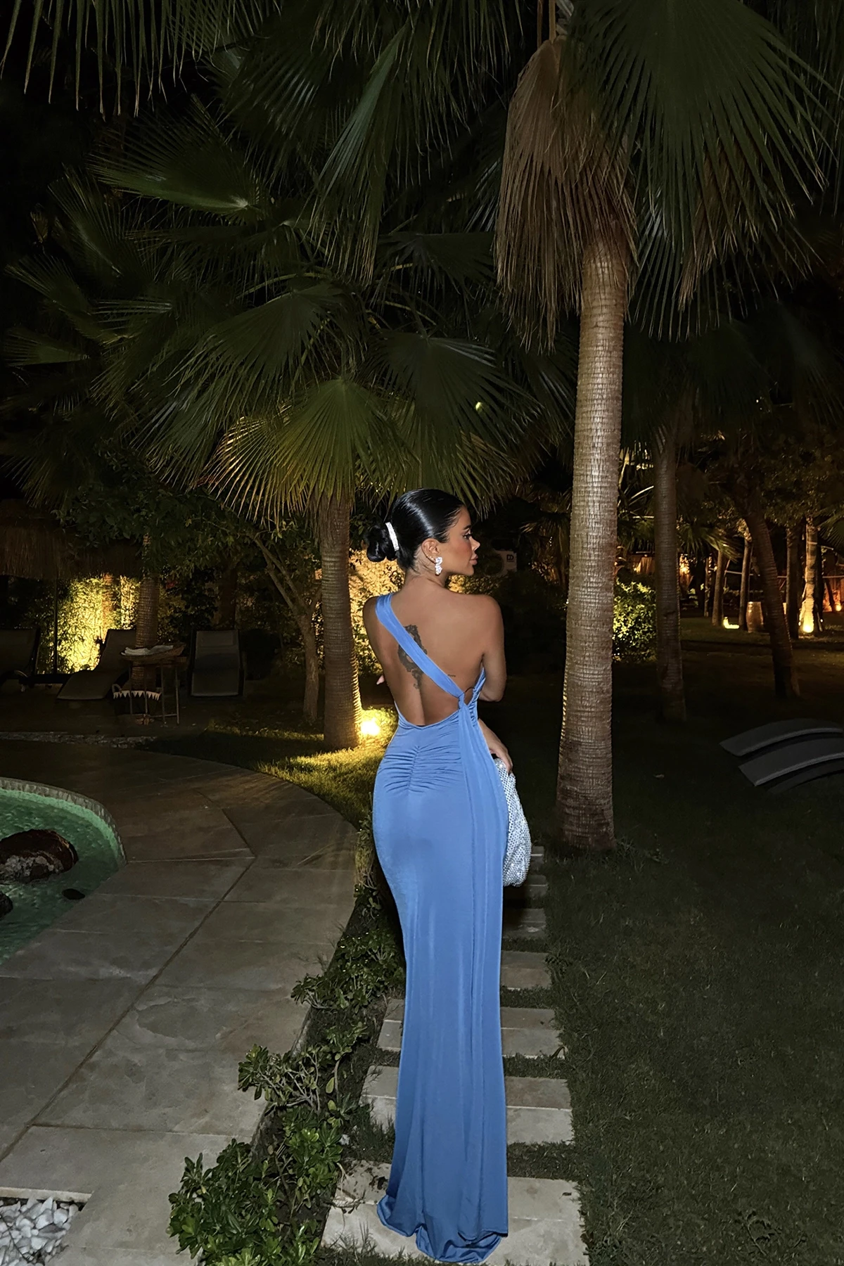 Picture of Indigo Back Tie Ring Detail Long Dress