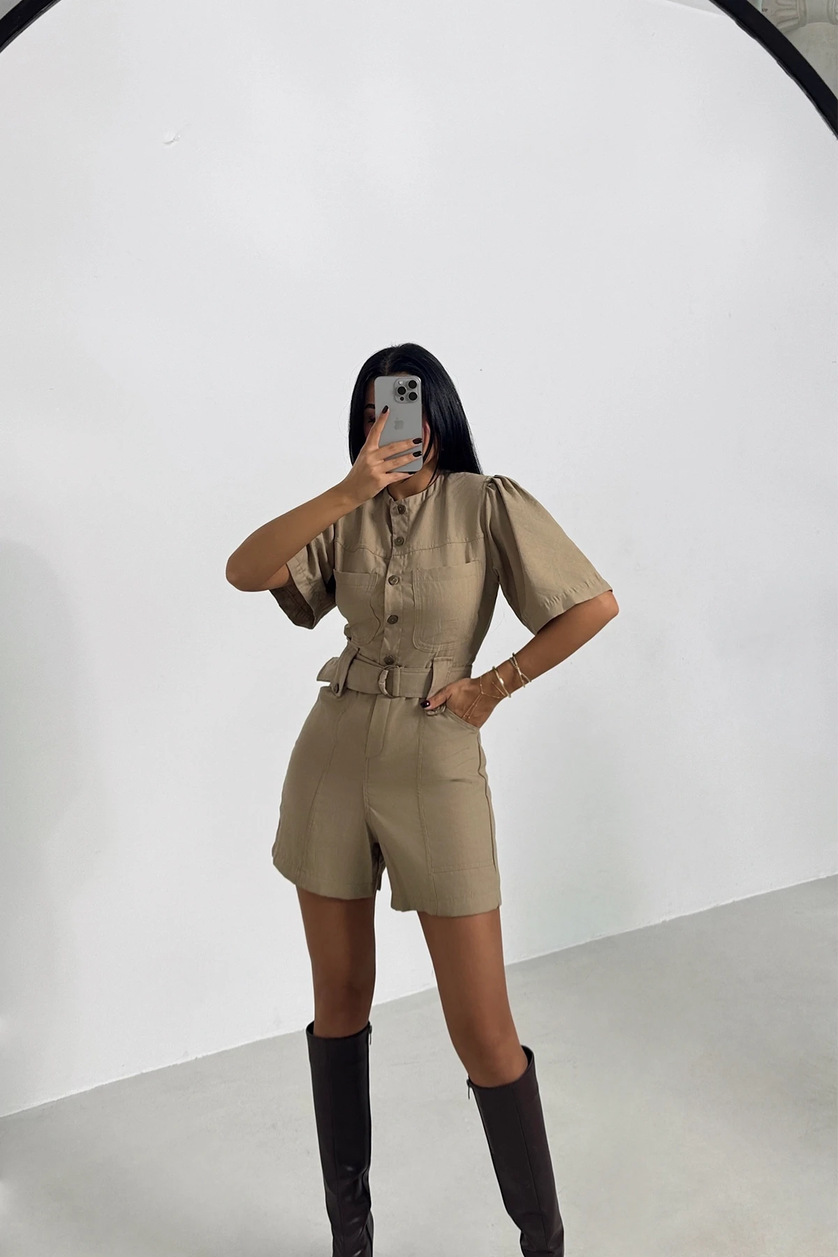 Picture of Beige Pocket Detailed Buttoned Jumpsuit