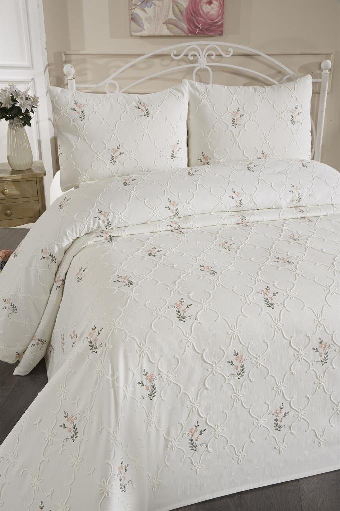 Picture of Pinkrose Nakışlı Şönil 3 Parça Çift Kişilik Yatak Örtüsü Krem