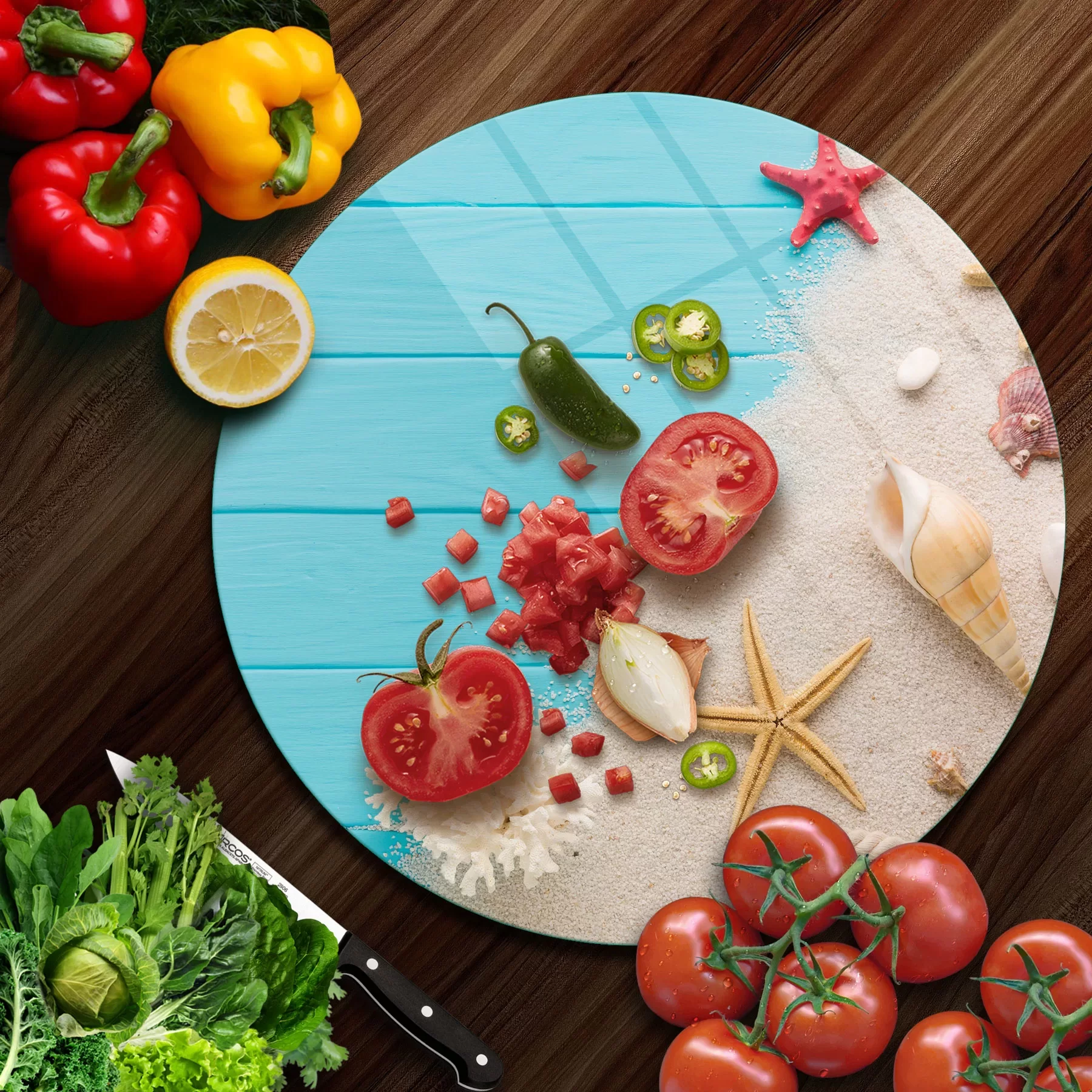 Picture of Decovetro Cam Kesme Tahtası ve Sunumluk Yuvarlak Turkuaz Yaz Desenli 30x30 Cm