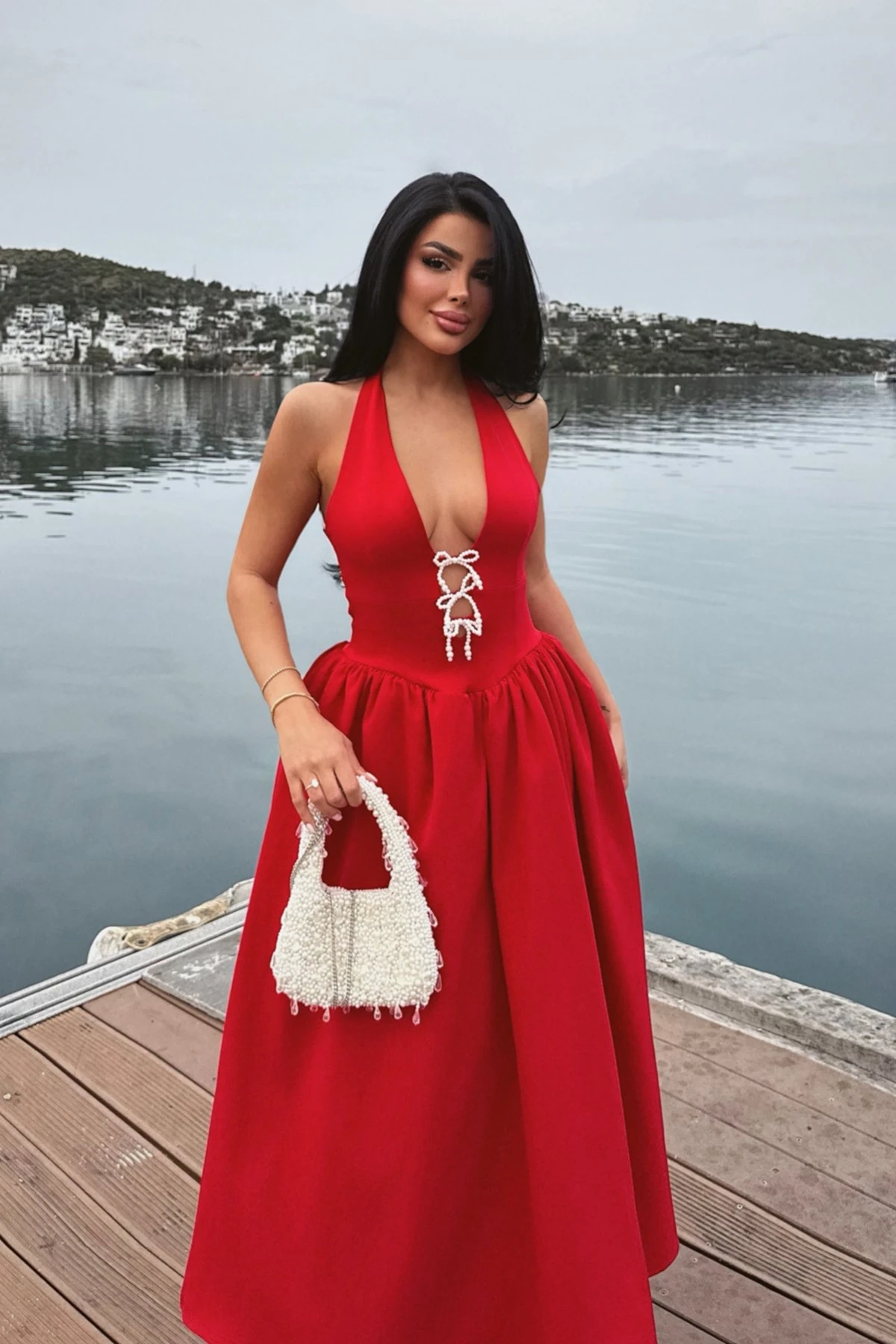 Picture of Red Ballerina Pearl Bow Detail Dress