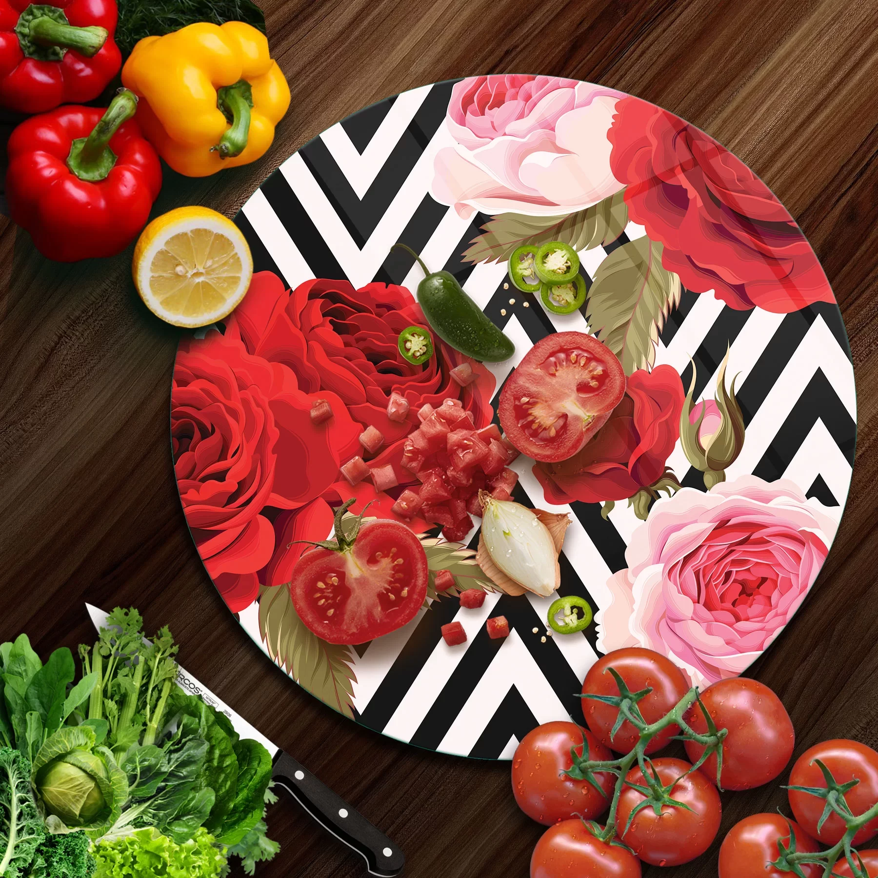 Picture of Decovetro Cam Kesme Tahtası ve Sunumluk Yuvarlak Retro Gül Desenli 30x30 Cm