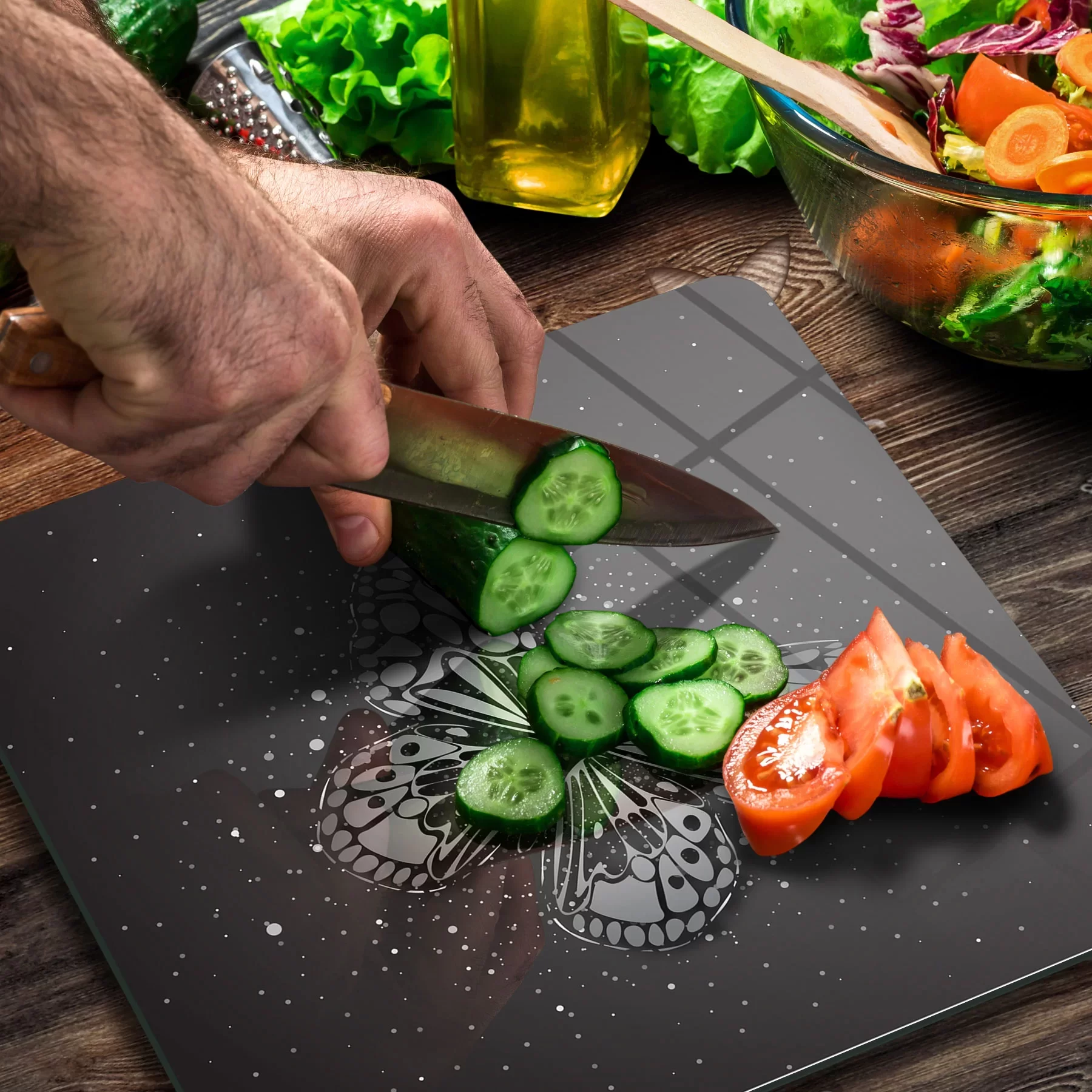 Picture of Decovetro Cam Kesme Tahtası ve Sunumluk Kare Black Kelebek Desenli 30x30 Cm