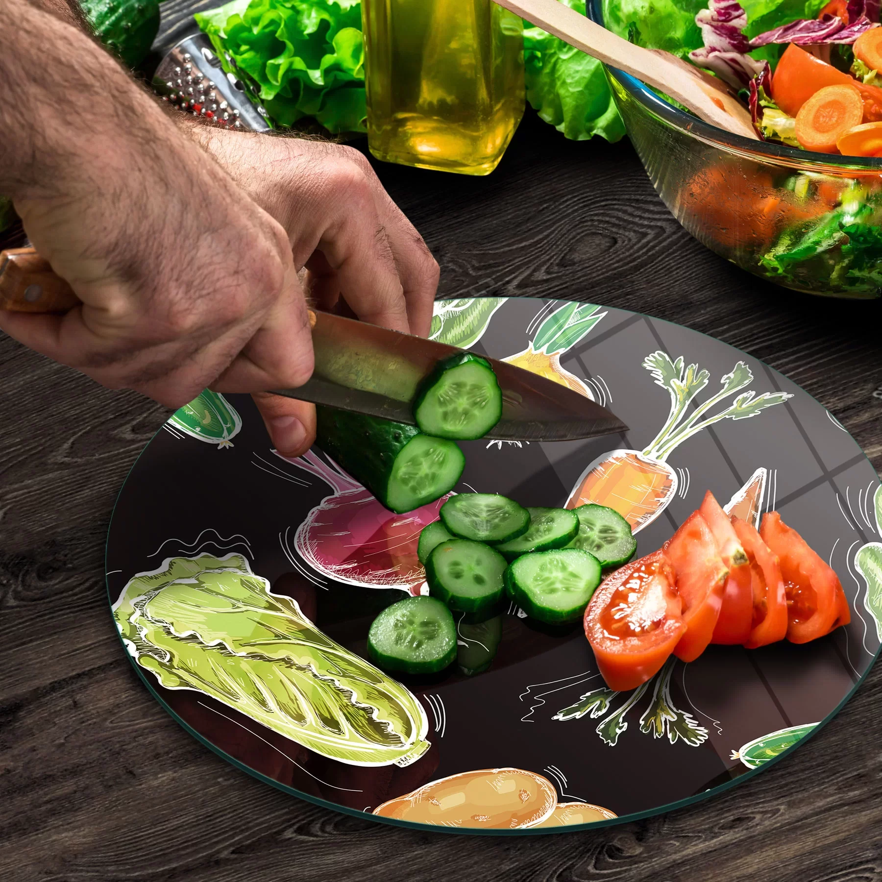 Picture of Decovetro Cam Kesme Tahtası ve Sunumluk Yuvarlak Sebze Desenli 30x30 Cm