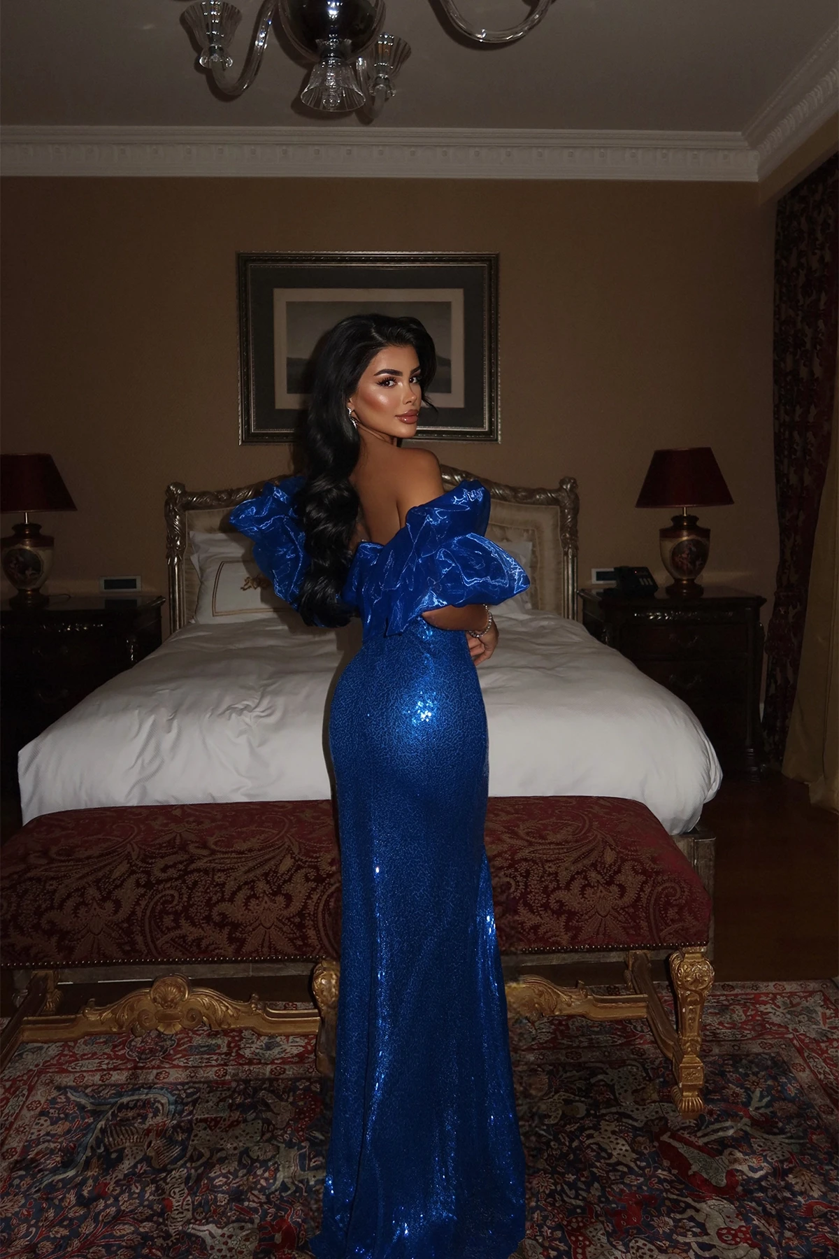 Picture of Navy Blue Strap Slit Detail Evening Dress