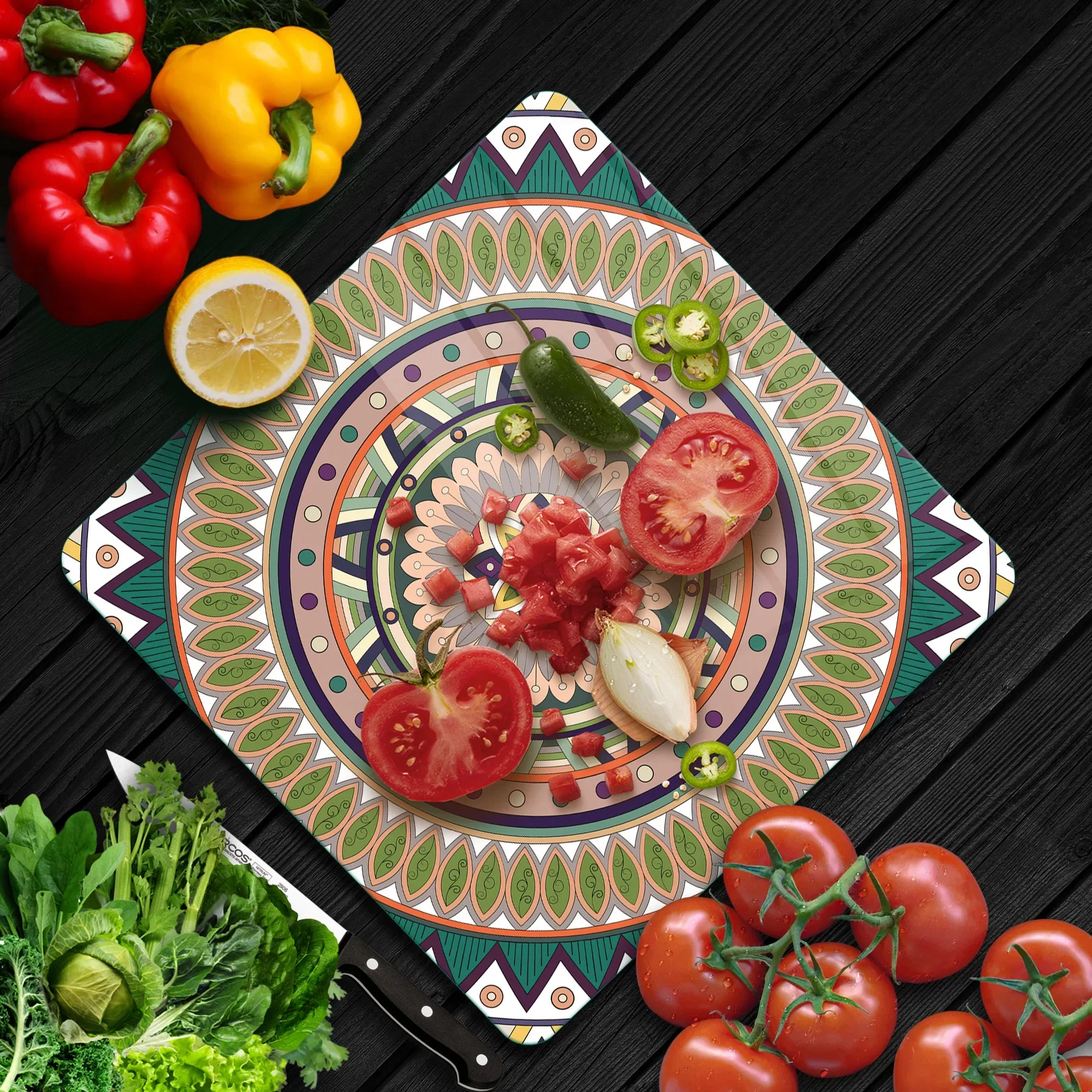 Picture of Decovetro Cam Kesme Tahtası ve Sunumluk Kare Mandala 3 Desenli 30x30 Cm