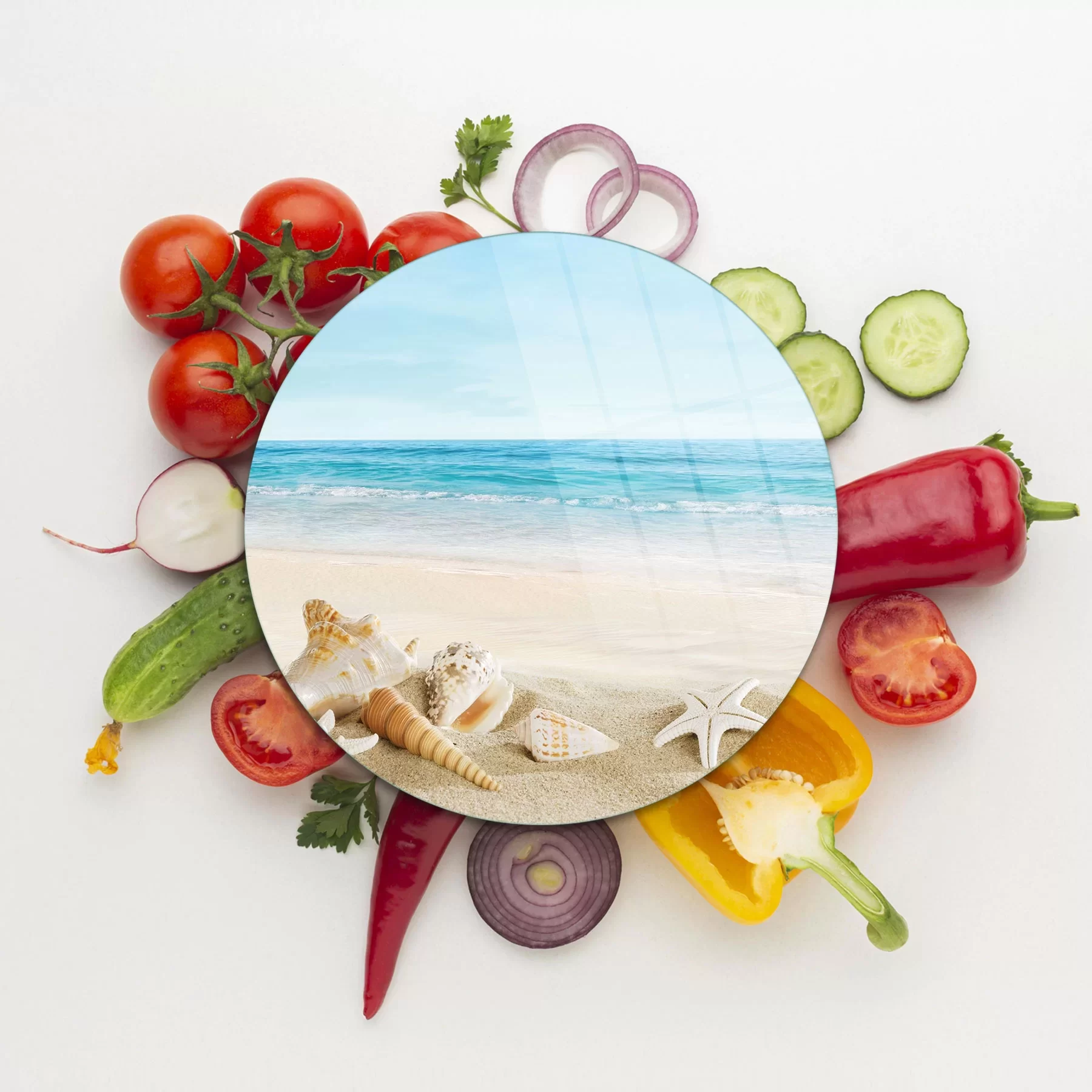 Picture of Decovetro Cam Kesme Tahtası ve Sunumluk Yuvarlak Sahil Deniz Yıldızı Desenli 30x30 Cm