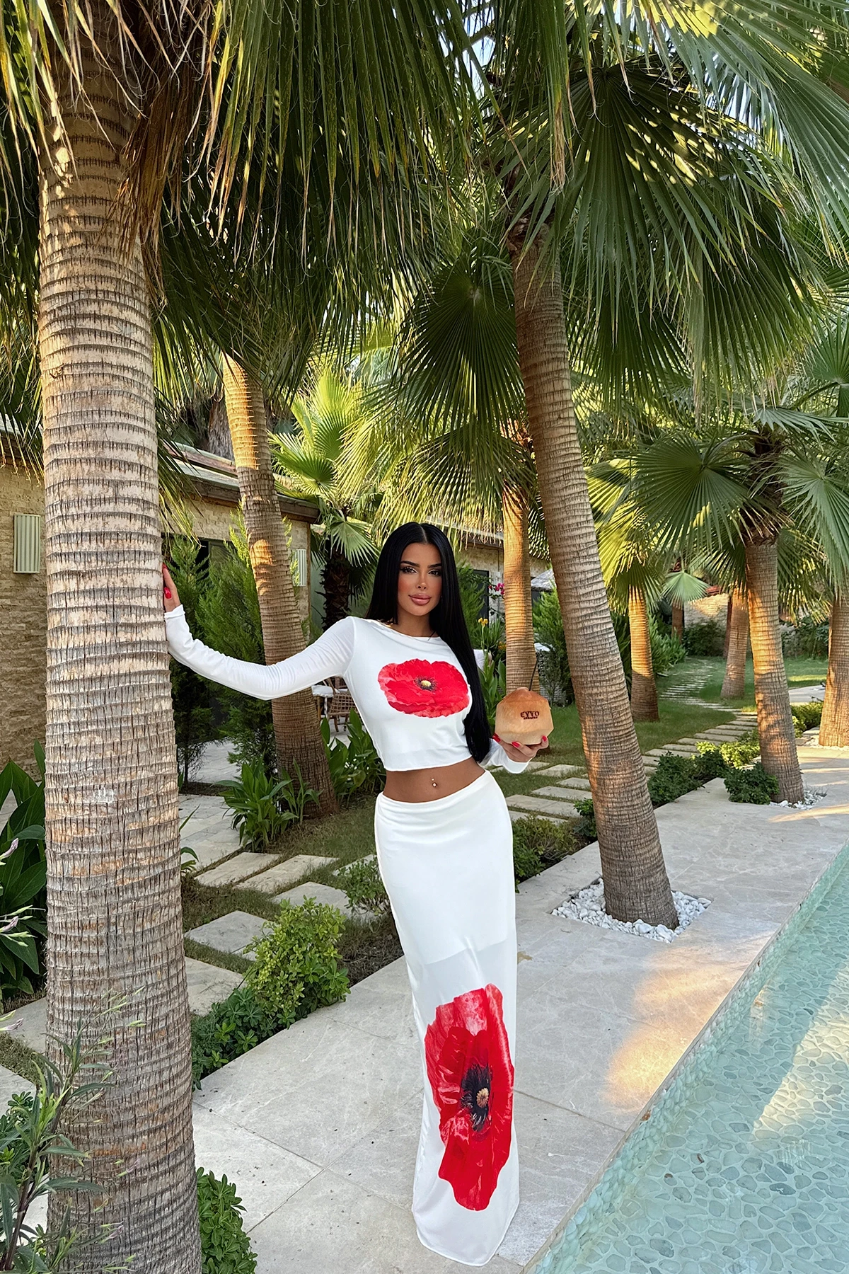 Picture of White Rose Detail Skirt Suit