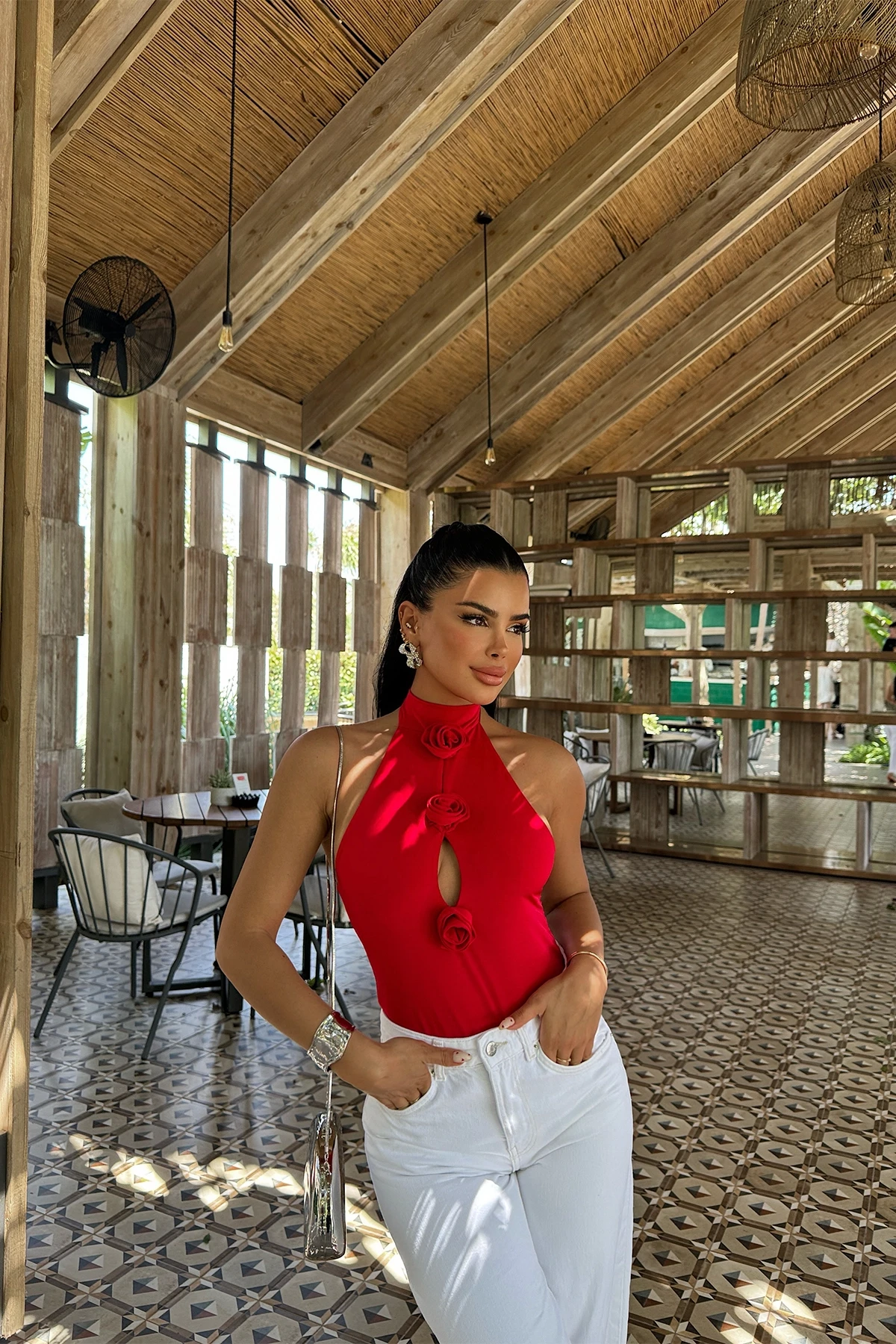 Picture of Red Rose Detail Tied Bodysuit