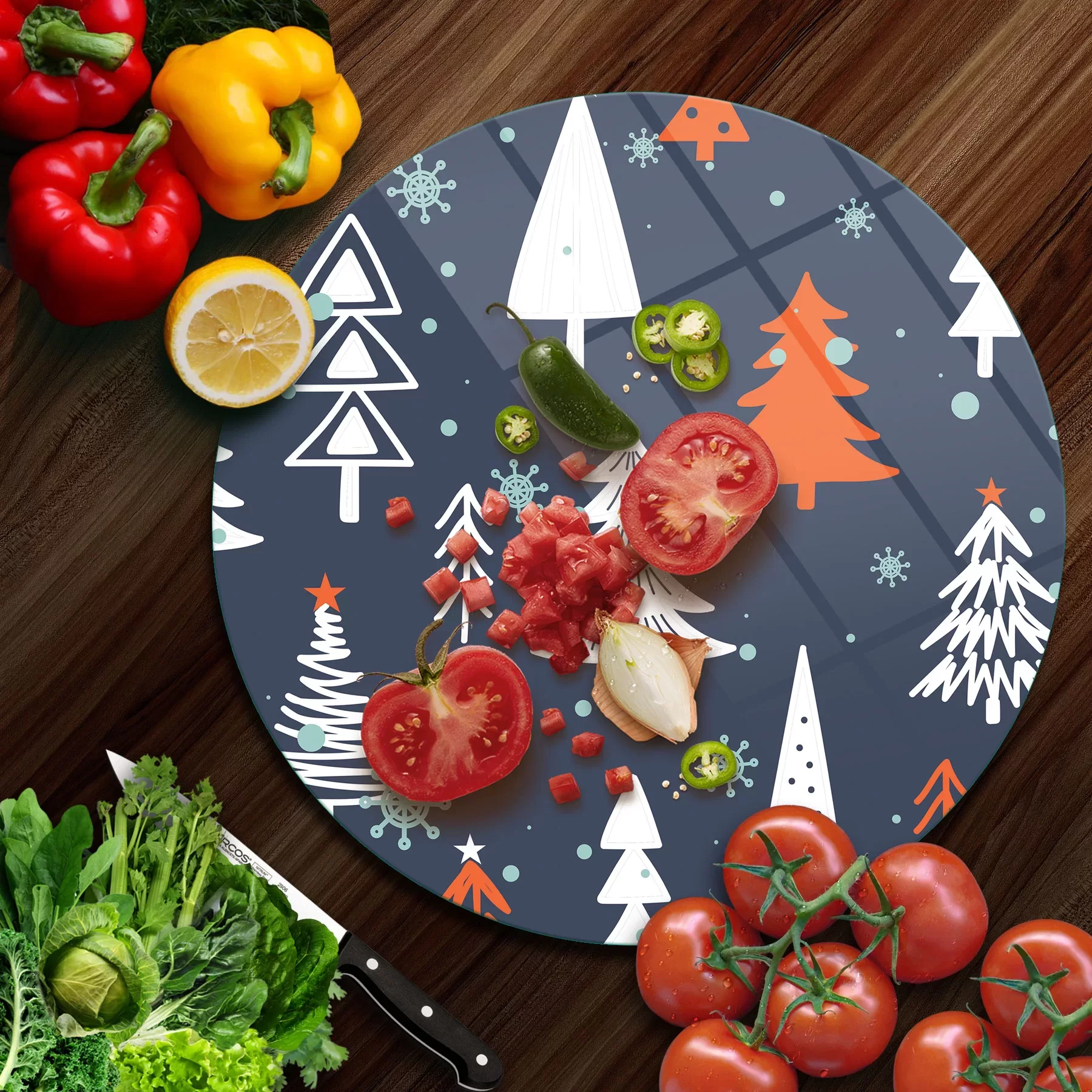 Picture of Decovetro Cam Kesme Tahtası ve Sunumluk Yuvarlak Ağaç Desenli 30x30 Cm