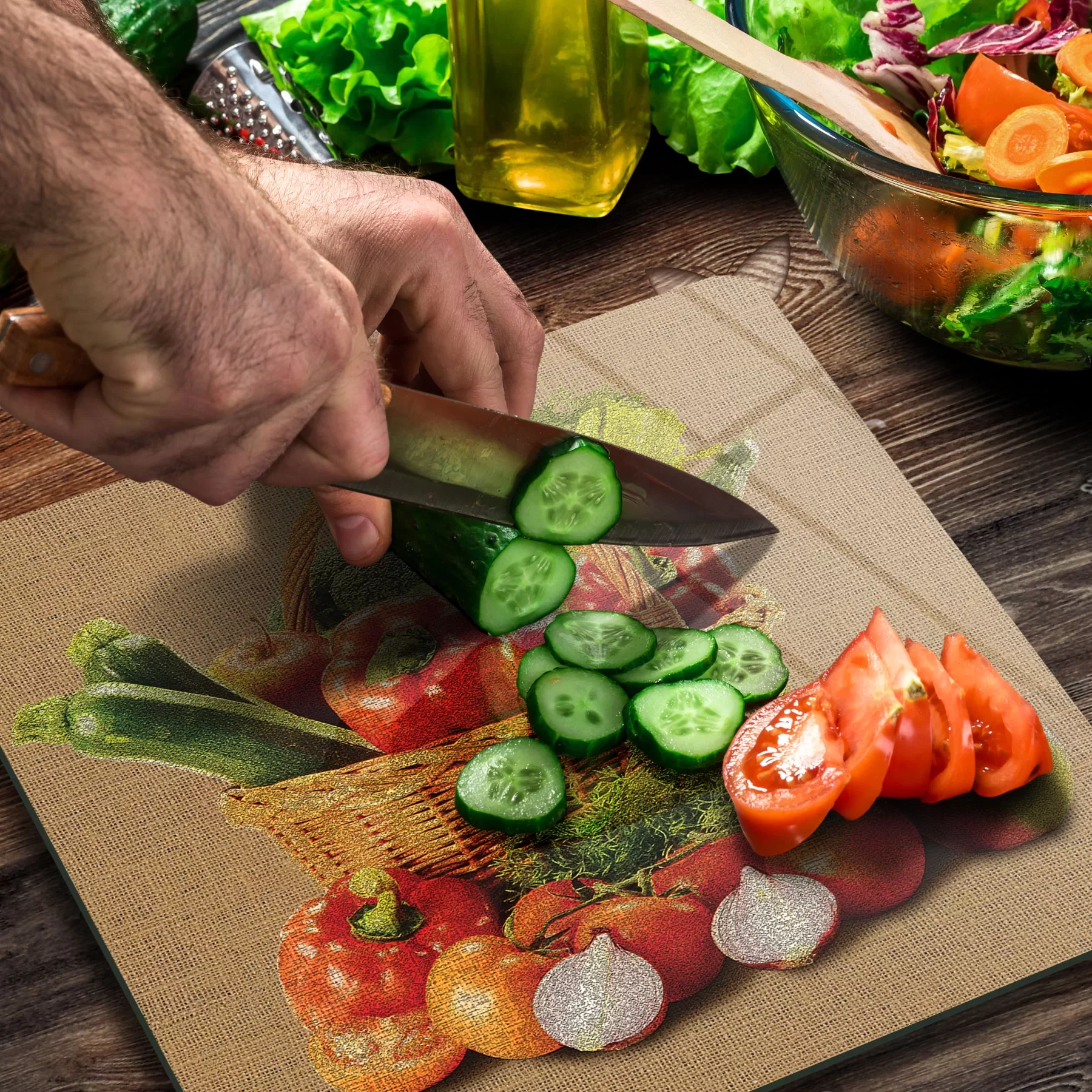 Picture of Decovetro Cam Kesme Tahtası ve Sunumluk Kare Sebze Sepeti Desenli 30x30 Cm