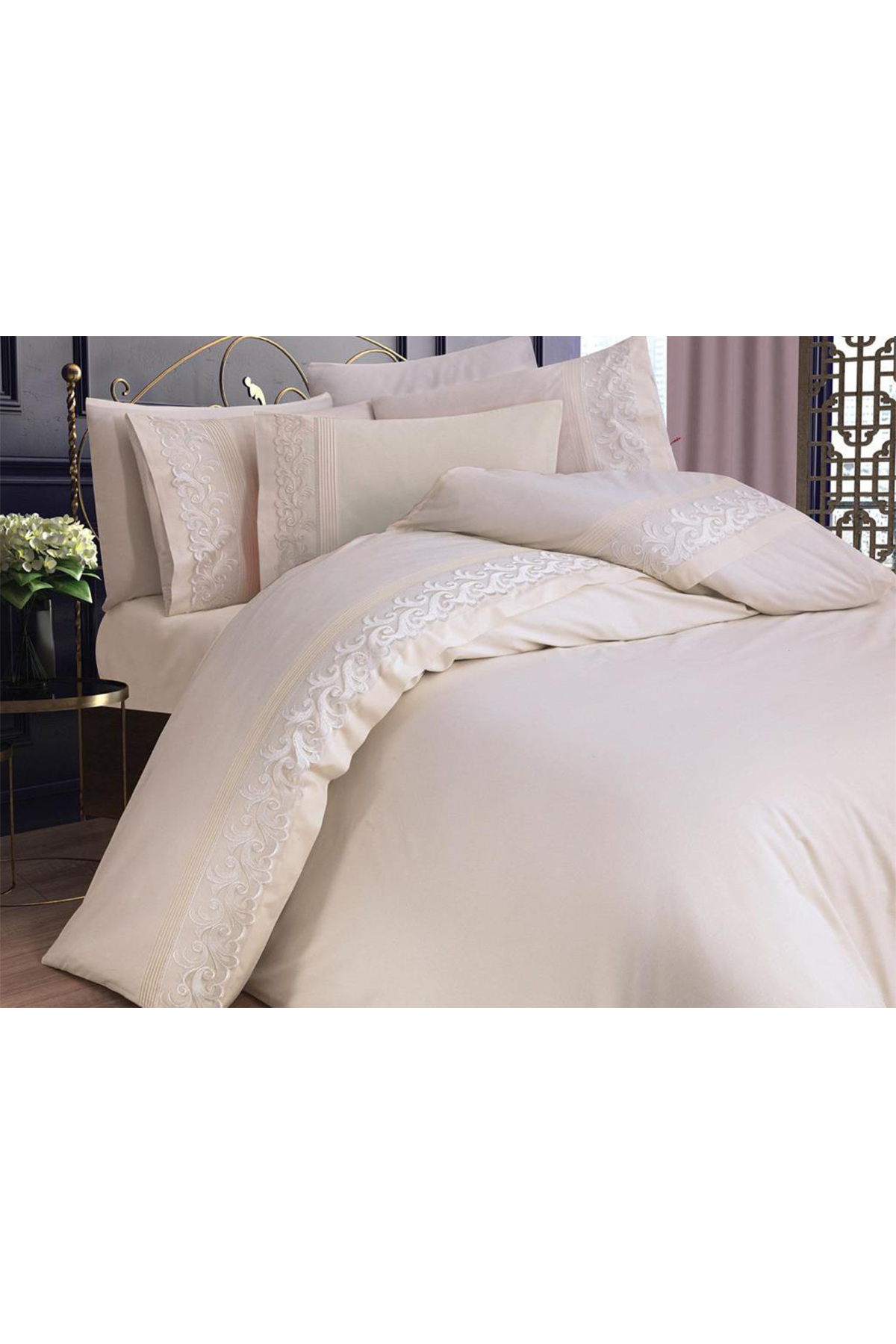 Picture of Çeyiz Diyarı Fransız Güpürlü Nervürlü Belinda Nevresim Takımı Krem