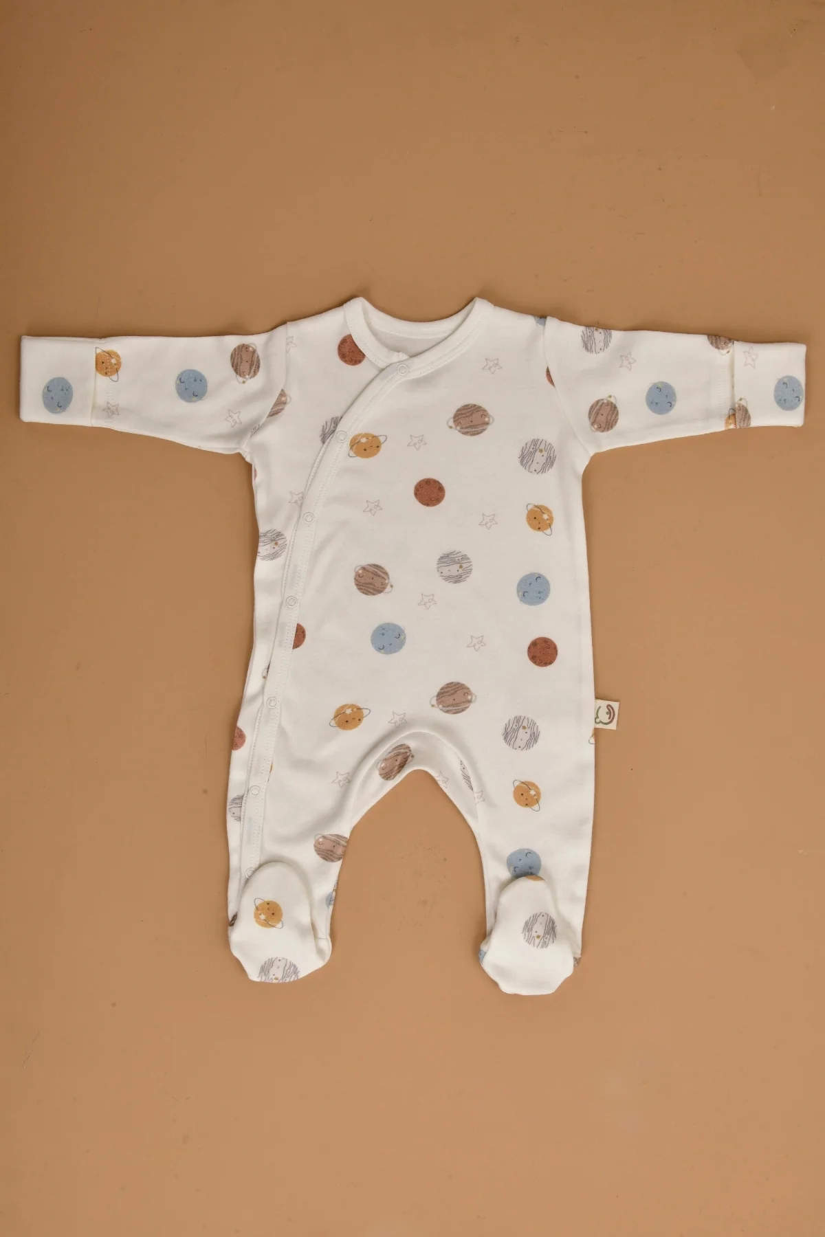 Picture of Kendinden Eldivenli Patikli Yenidoğan Tulum - Doğal Pamuklu- Gezegen Desenli