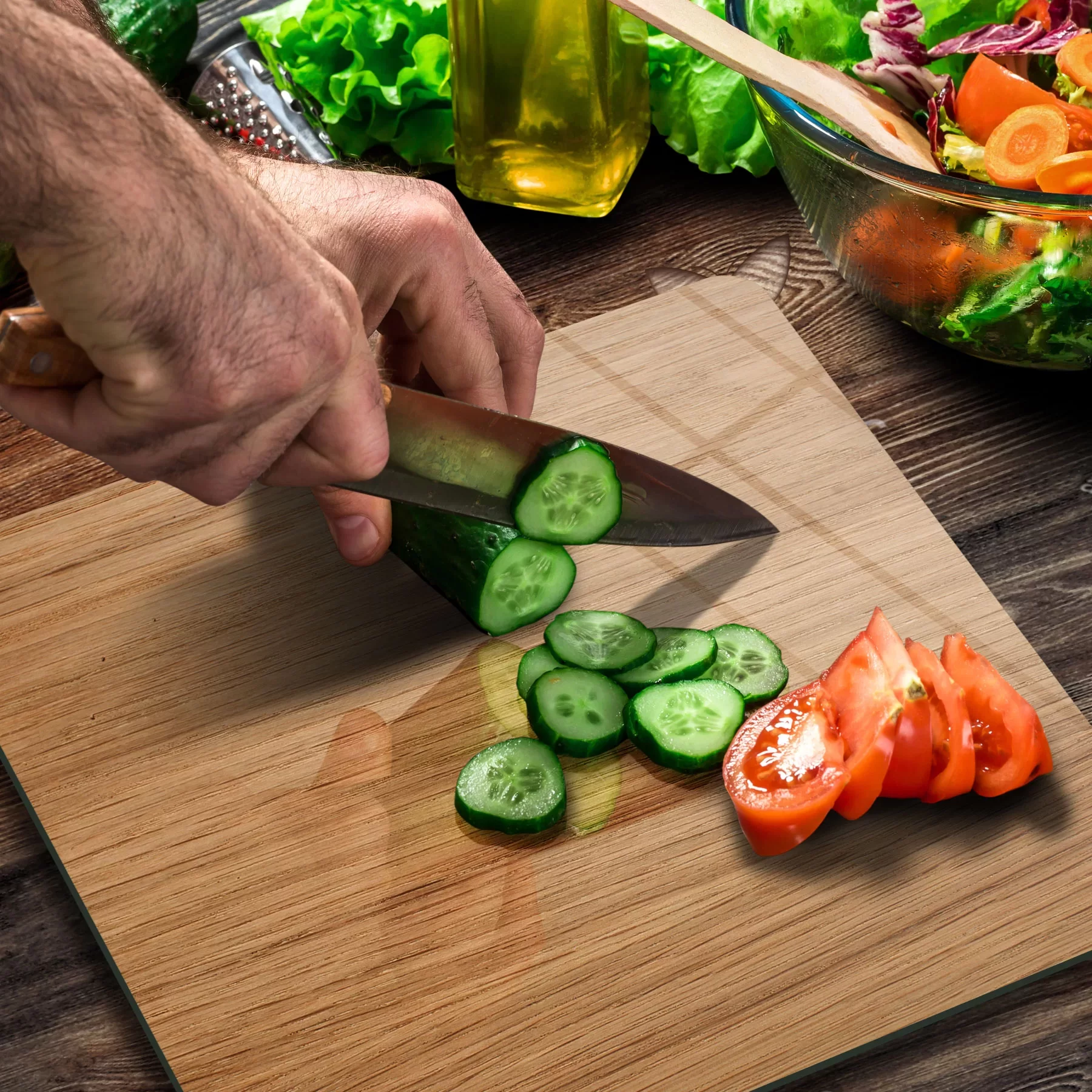 Picture of Decovetro Cam Kesme Tahtası ve Sunumluk Kare Ahşap Meşe Desenli 30x30 Cm