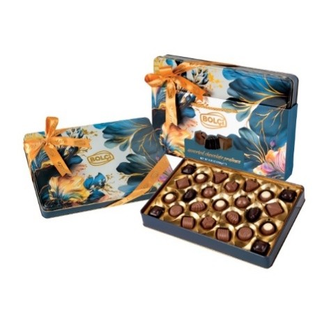 Picture of ASSORTED CHOCOLATE PRALINES BLUE FLORAL TIN BOX 250g