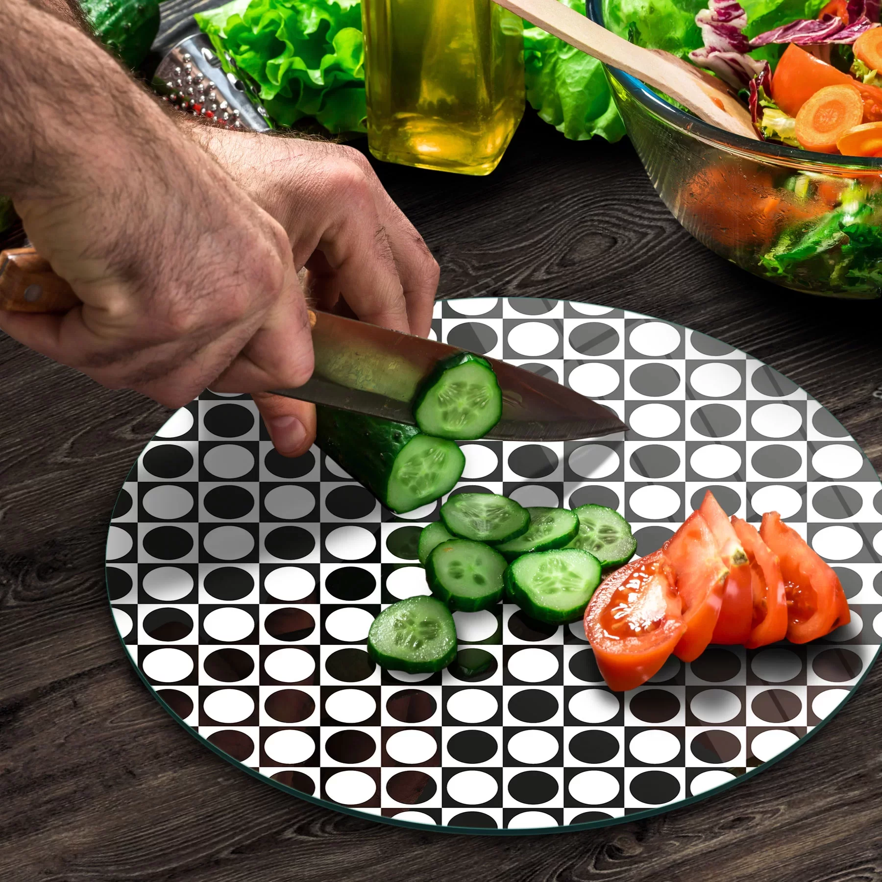 Picture of Decovetro Cam Kesme Tahtası ve Sunumluk Yuvarlak Küçük Nokta Desenli 30x30 Cm