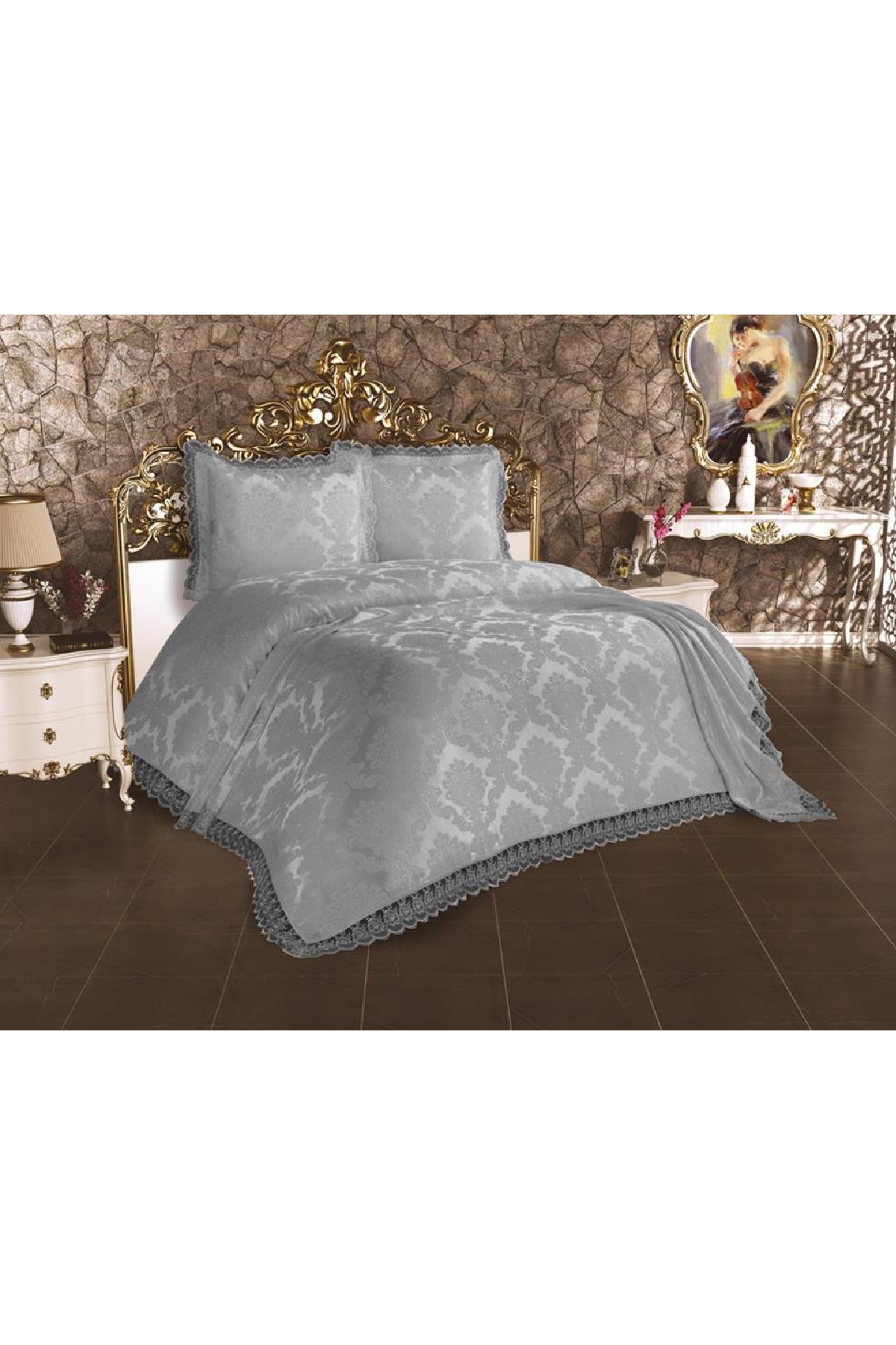 Picture of Fransız Dantelli Lalezar Yatak Örtüsü Gri
