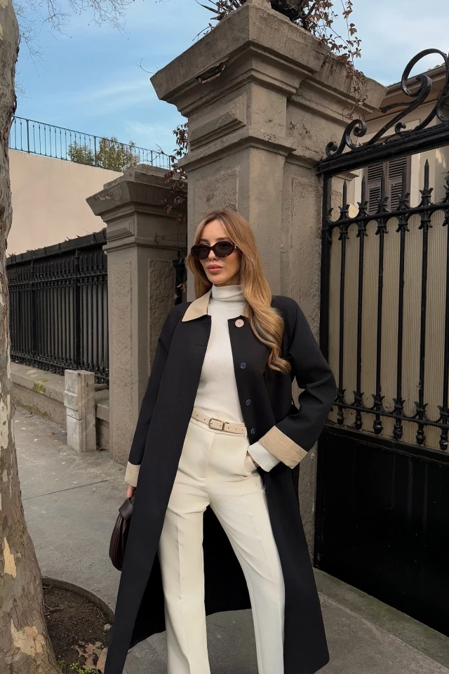 Picture of Black Shirt Collar Long Trench Coat