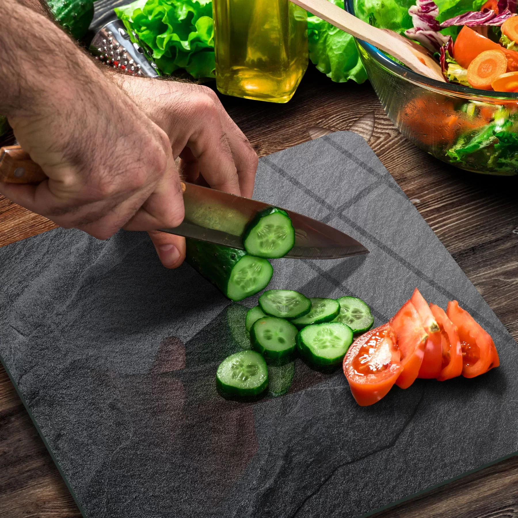 Picture of Decovetro Cam Kesme Tahtası ve Sunumluk Kare Siyah Taş Desenli 30x30 Cm