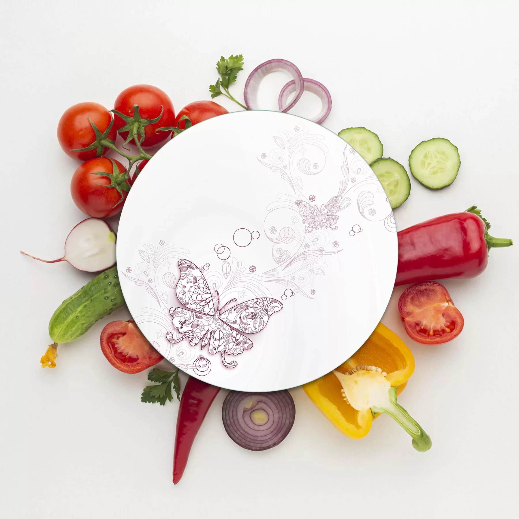 Picture of Decovetro Cam Kesme Tahtası ve Sunumluk Yuvarlak Vintage Kelebek Desenli 30x30 Cm