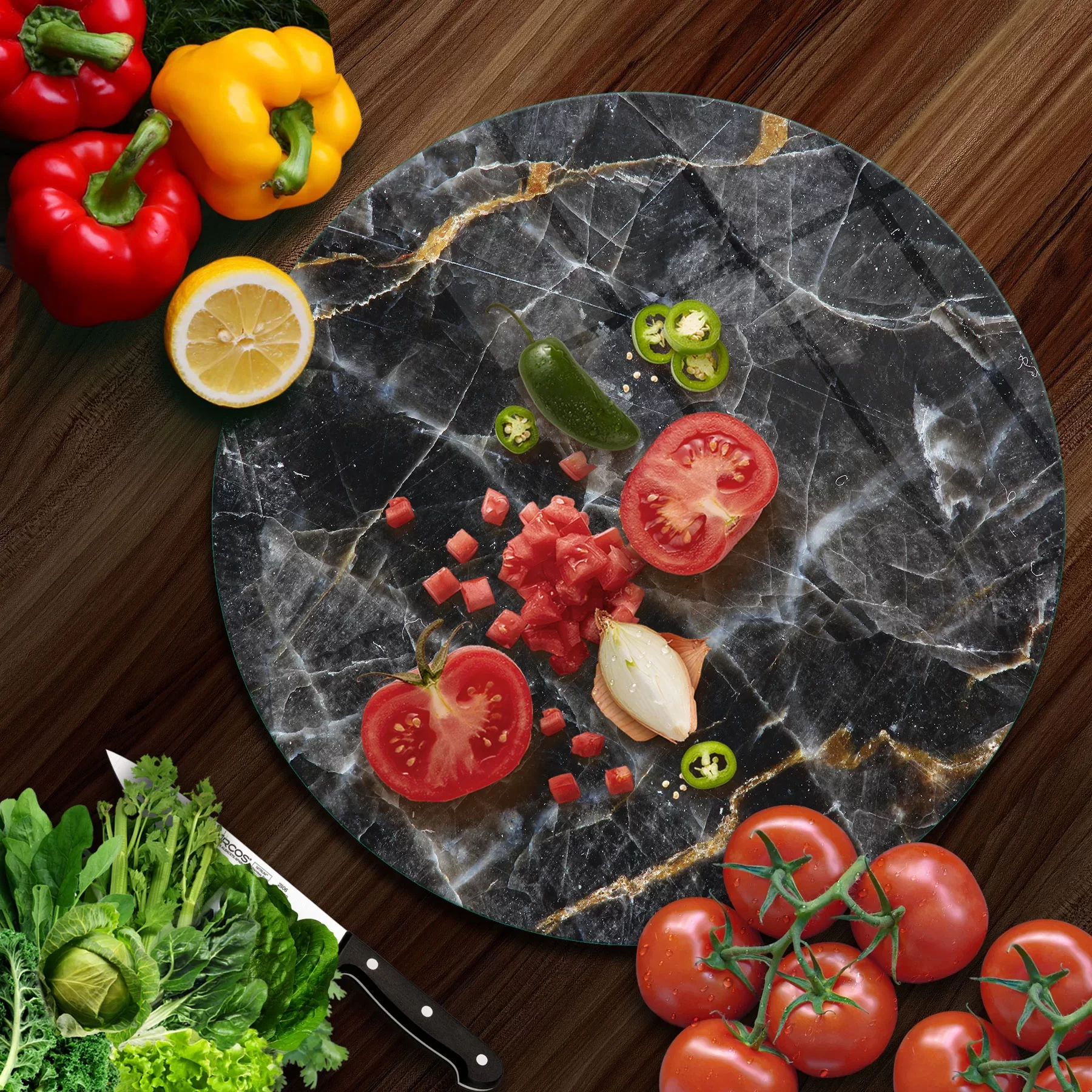 Picture of Decovetro Cam Kesme Tahtası ve Sunumluk Yuvarlak Siyah Mermer Desenli 30x30 Cm