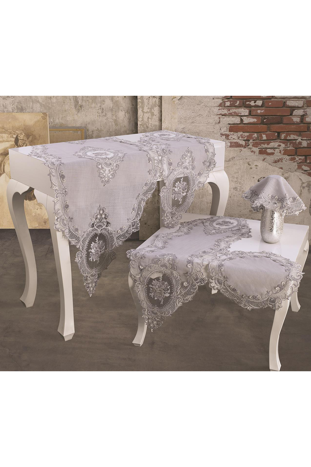 Picture of Fransız Güpürlü Kadife Elit Salon Takımı 5 Parça Gri