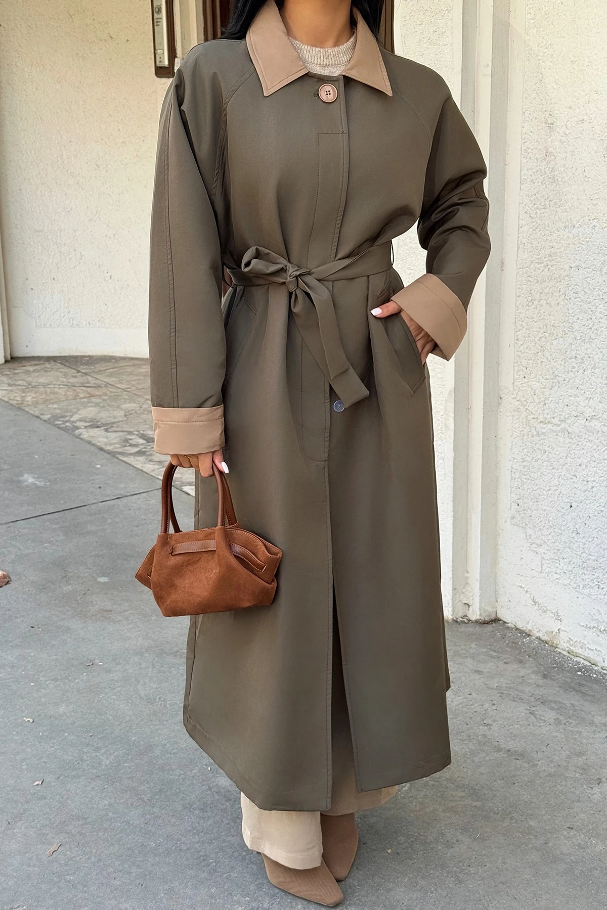 Picture of Khaki Shirt Collar Long Trench Coat