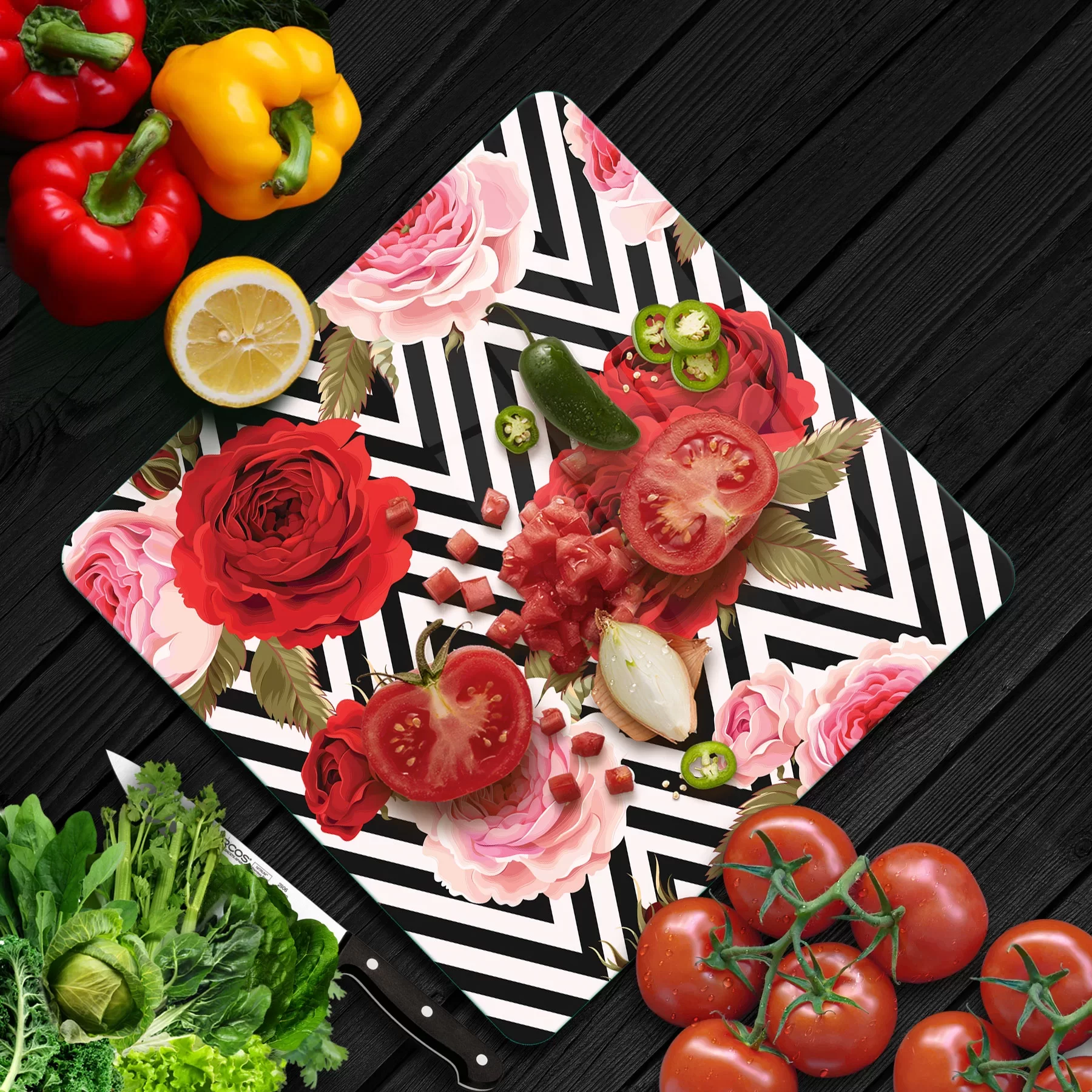 Picture of Decovetro Cam Kesme Tahtası ve Sunumluk Kare Karma Gül Desenli 30x30 Cm