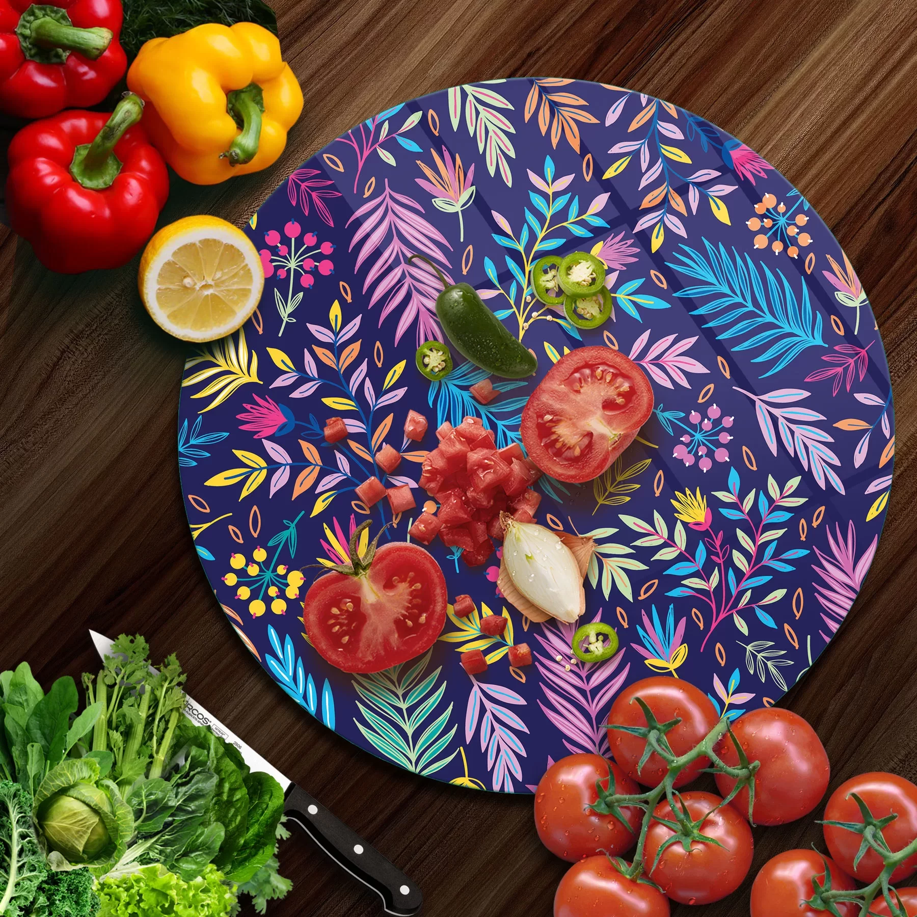 Picture of Decovetro Cam Kesme Tahtası ve Sunumluk Yuvarlak Renkli Yaprak Desenli 30x30 Cm