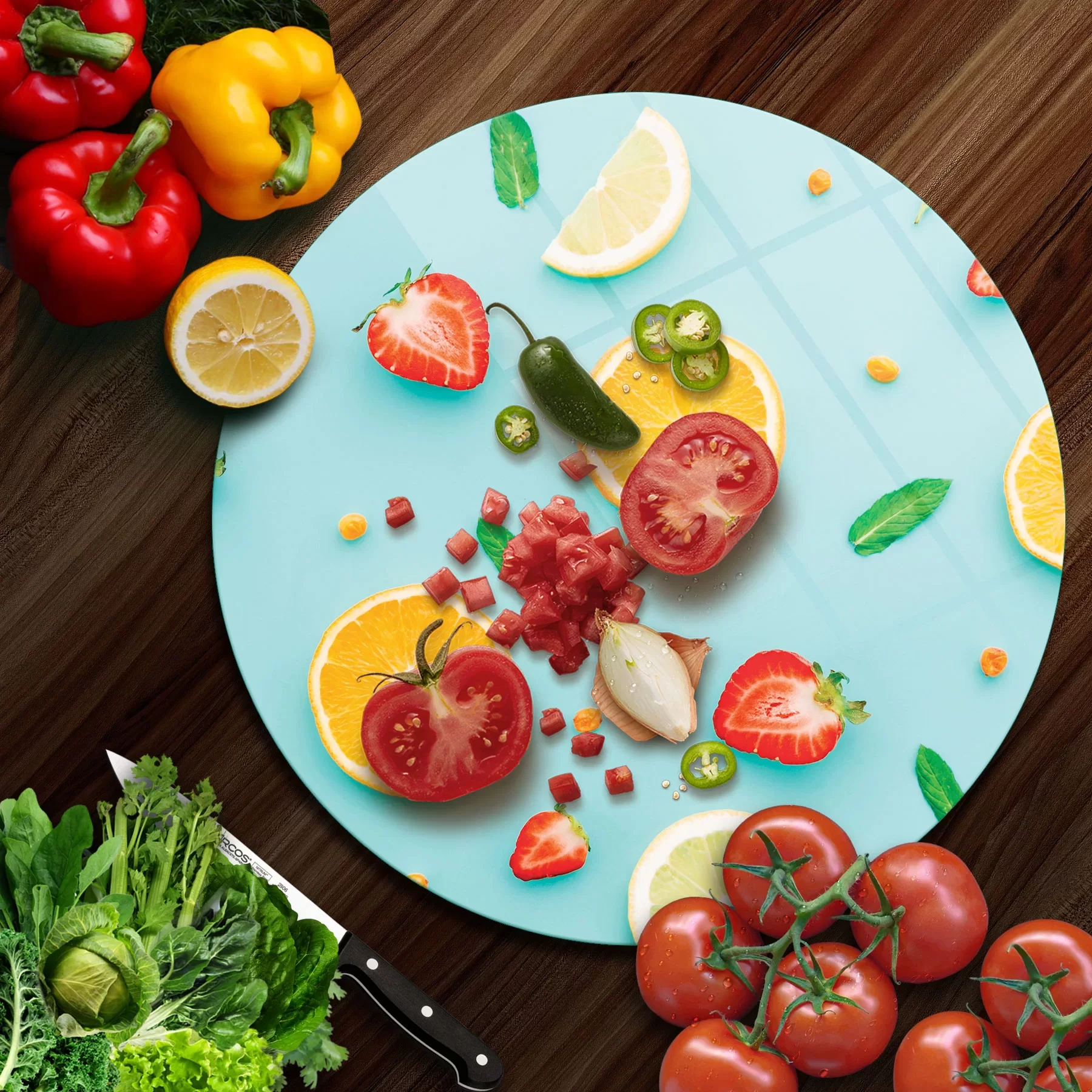 Picture of Decovetro Cam Kesme Tahtası ve Sunumluk Yuvarlak Meyve Desenli 30x30 Cm