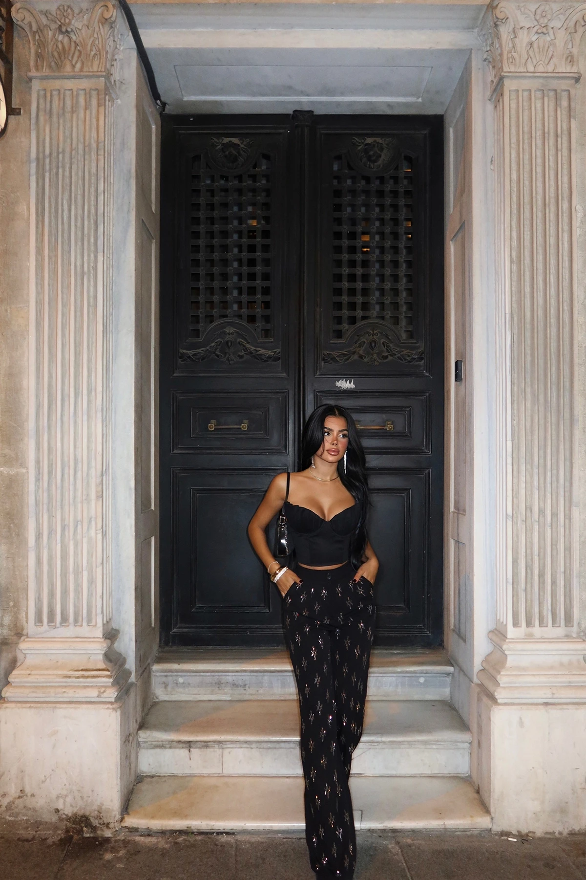 Picture of Black High Waist Stone Detail Trousers