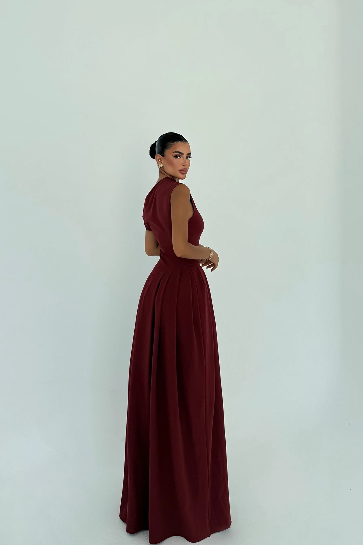 Picture of Cherry Maroon Bimala Boat Neck Dress
